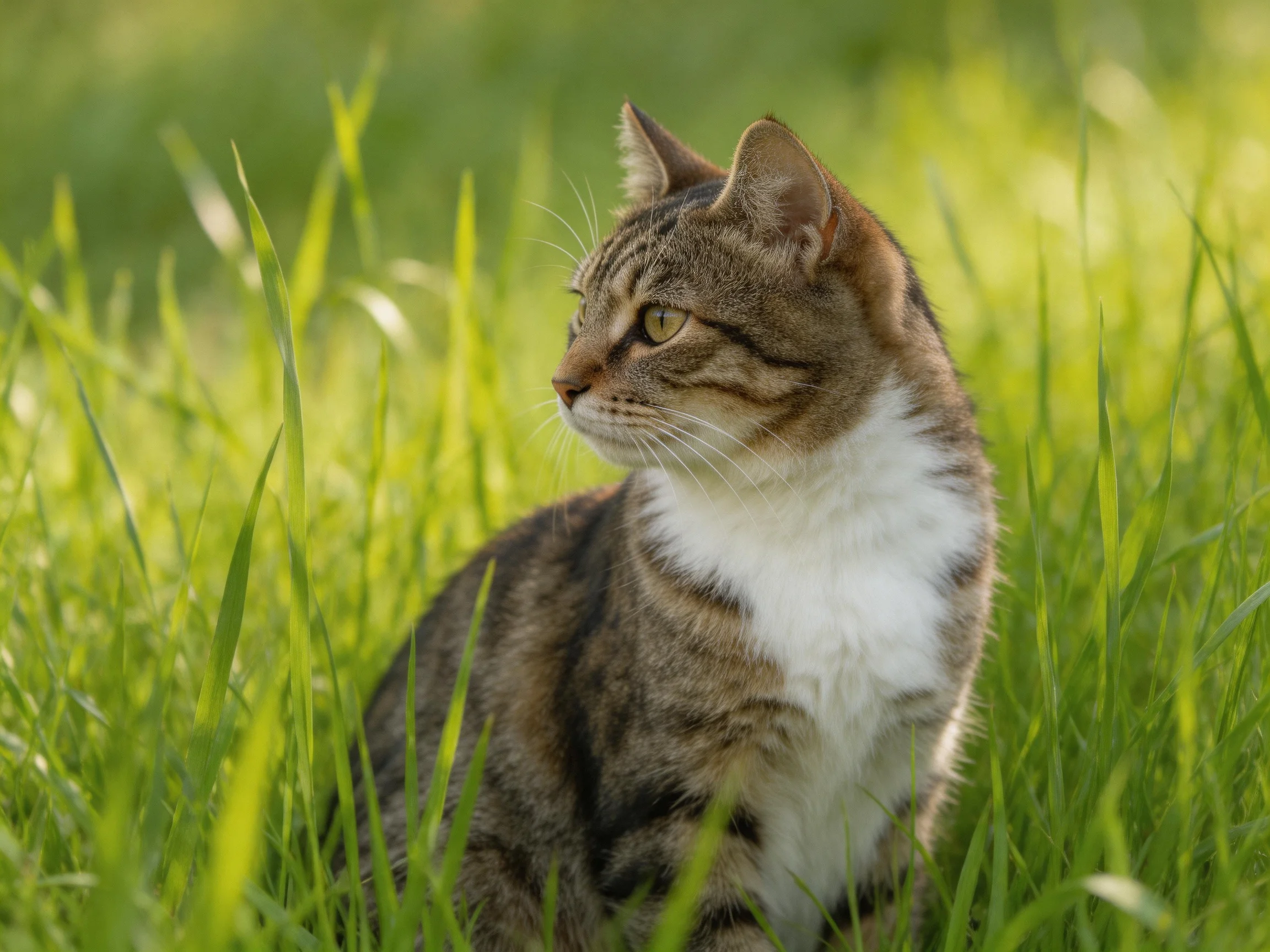 Tabby cat with white chest sitting in tall green grass