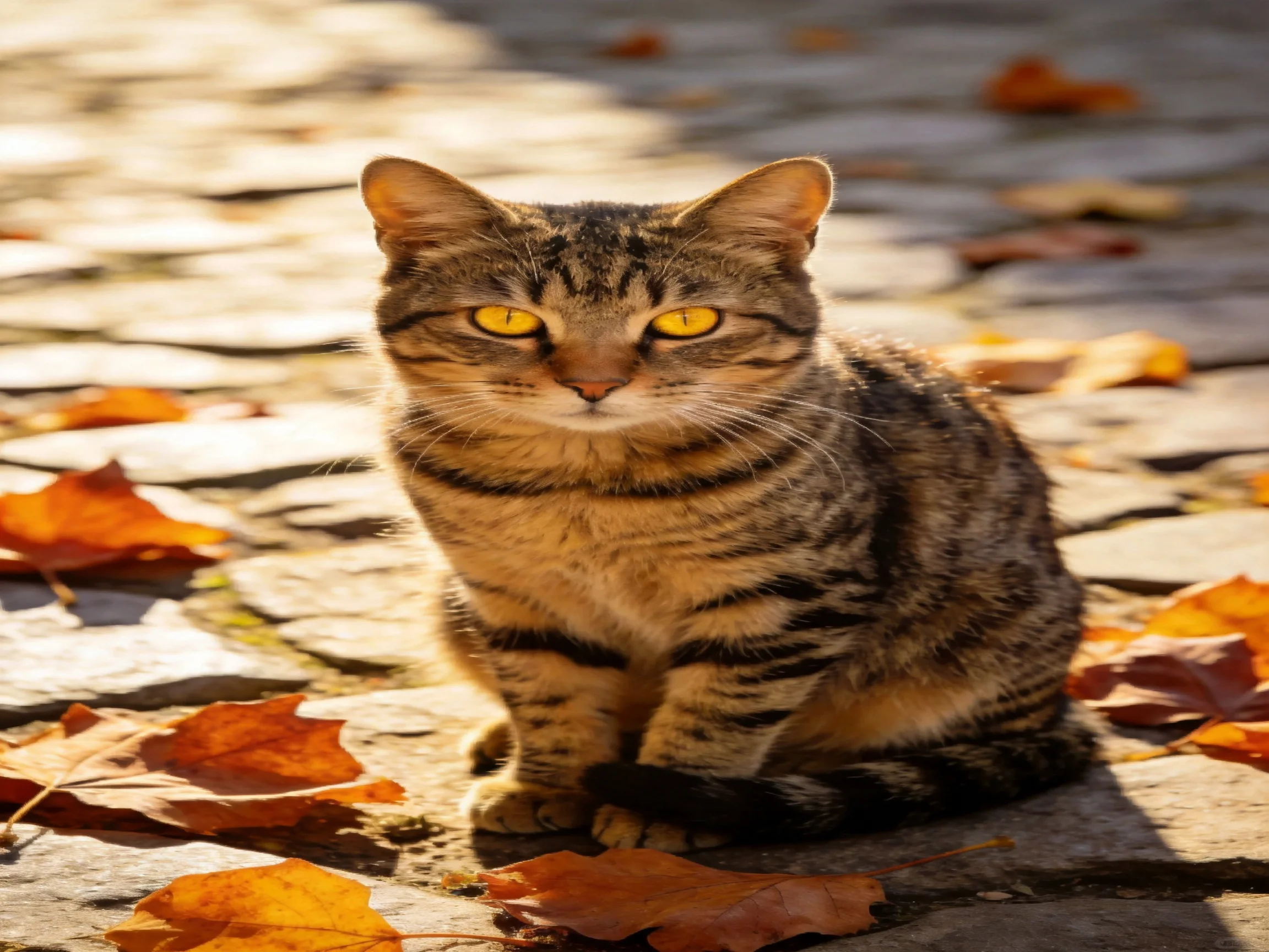 Tabby cat with yellow eyes sits among autumn leaves on cobblestone path.