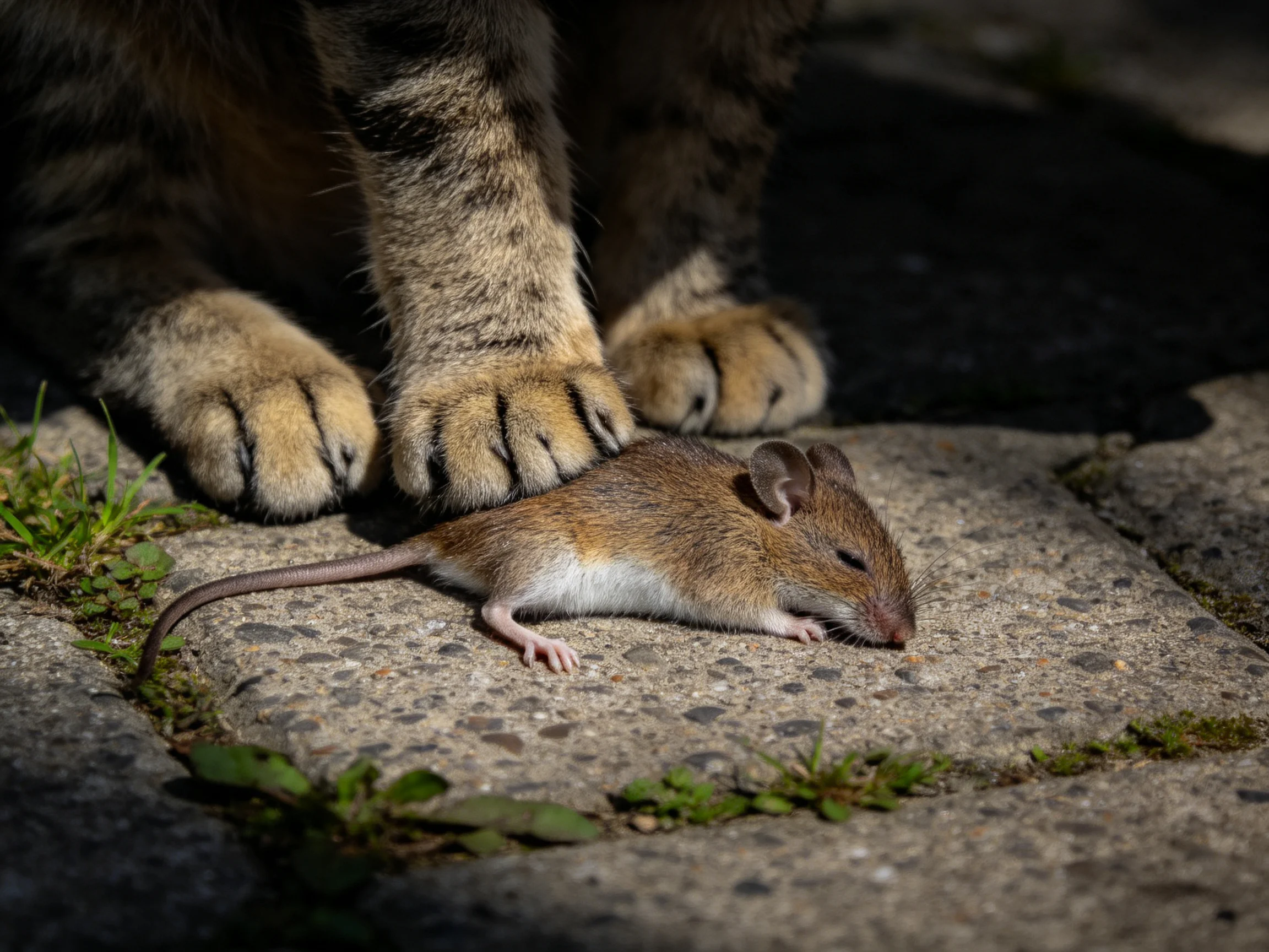 Tabby cat’s paws near a brown mouse on stone pavement