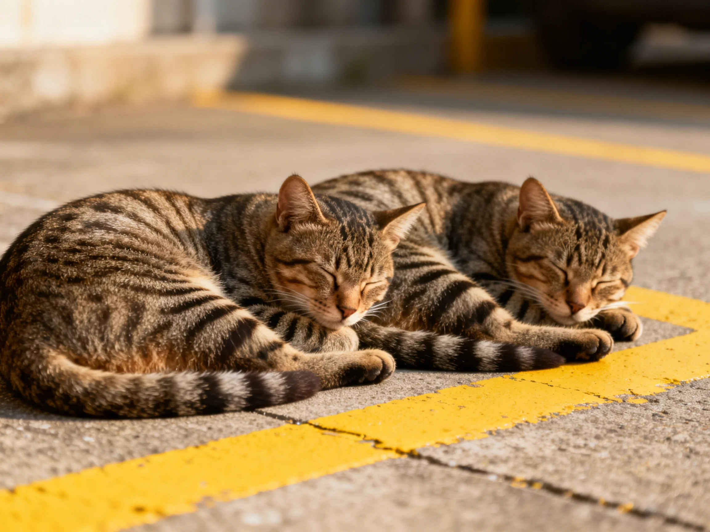 The two tabby cats, adorned with distinctive brown and black striping, are curled up closely