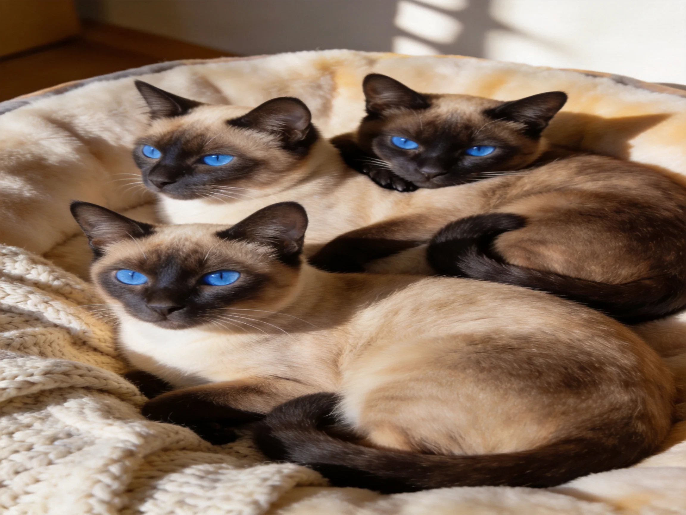 Three Siamese cats rest together in a cozy bed