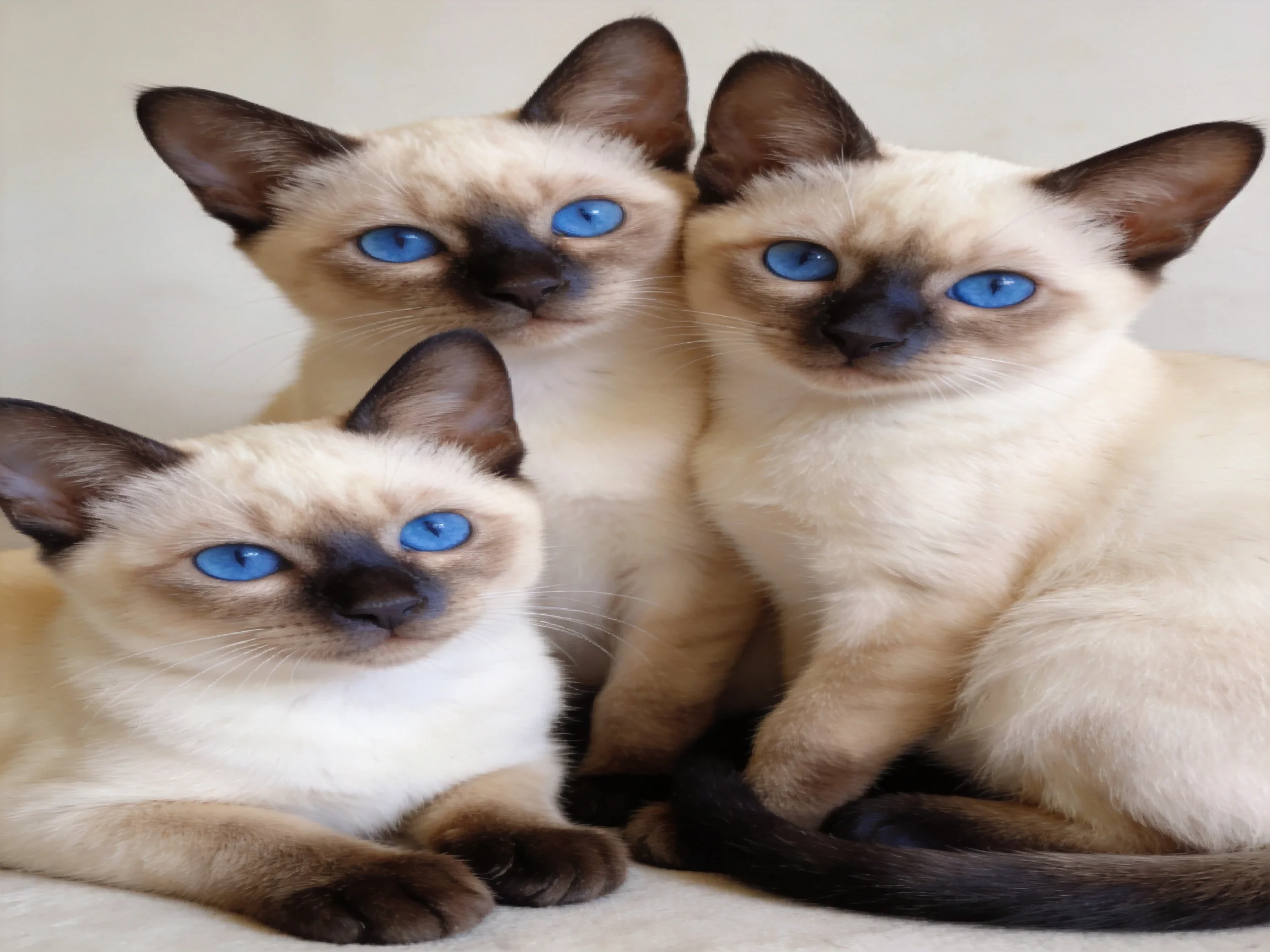 Three Siamese kittens with striking blue eyes resting together