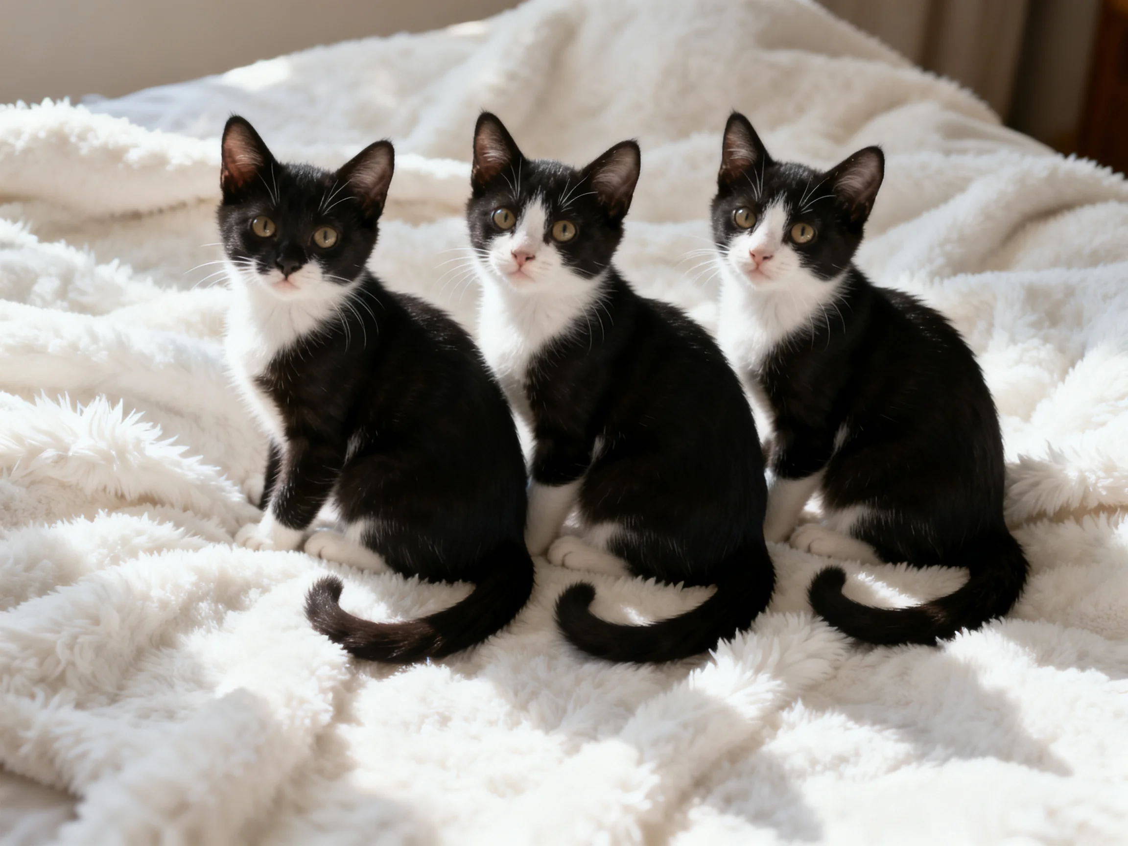 Three black - and - white kittens sit on a soft, fluffy white blanket