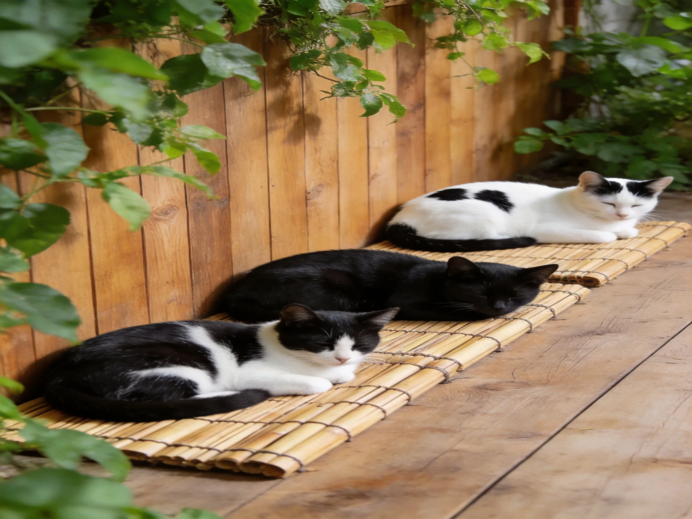 Three black and white cats rest on bamboo mats beside a wooden fence.