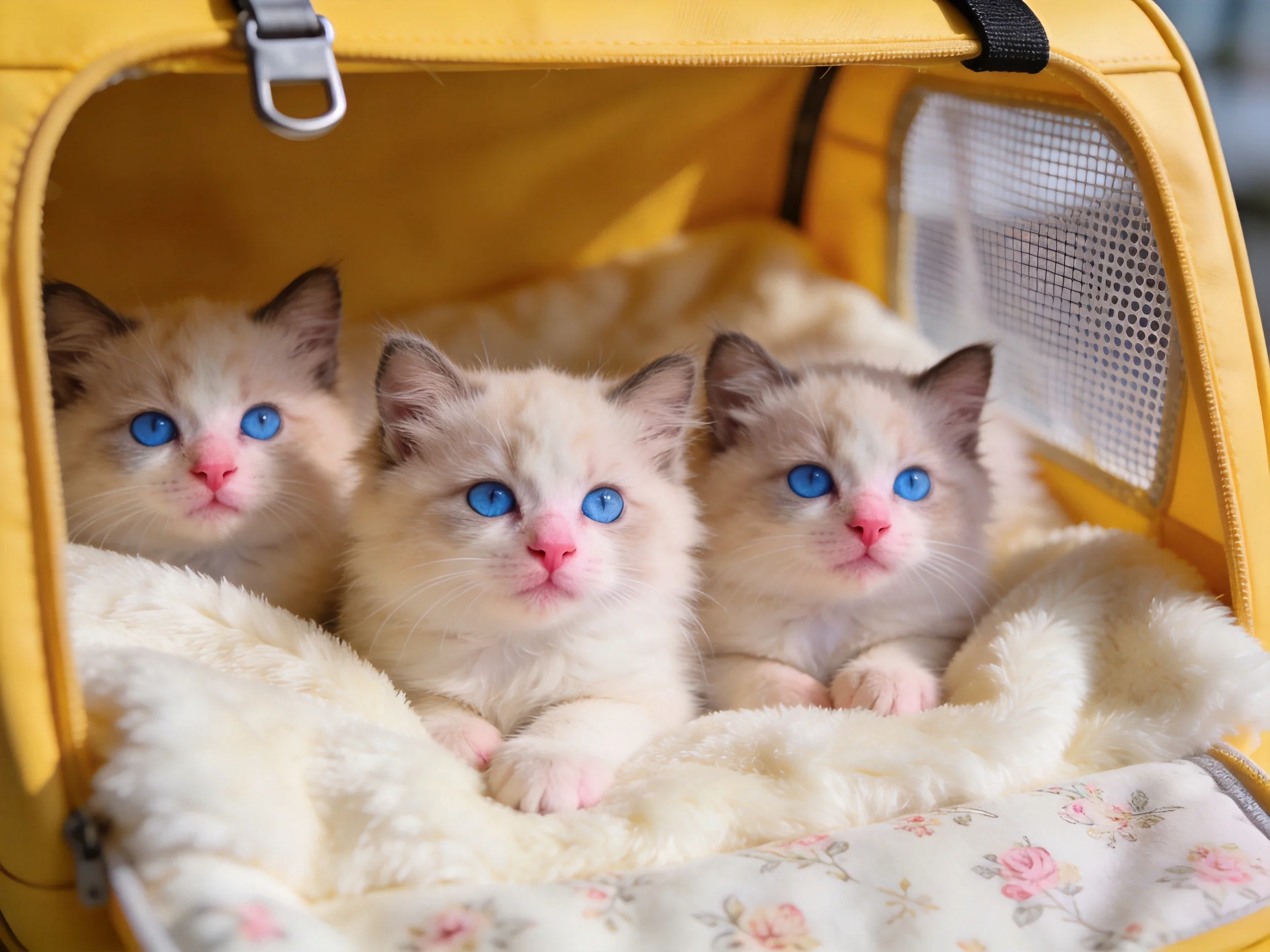 Three blue-eyed kittens sit together in a yellow pet carrier lined with blankets.