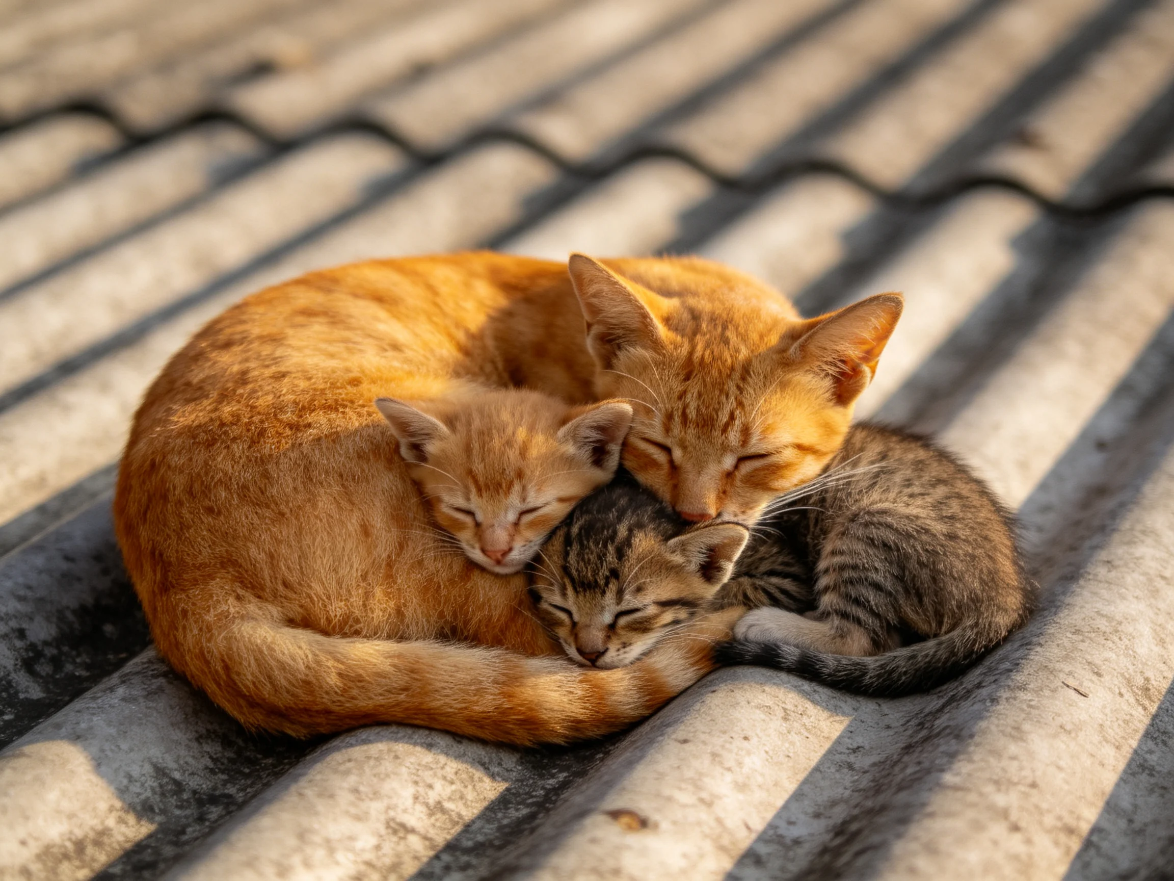 Three cats cuddle together on a corrugated metal roof in warm sunlight