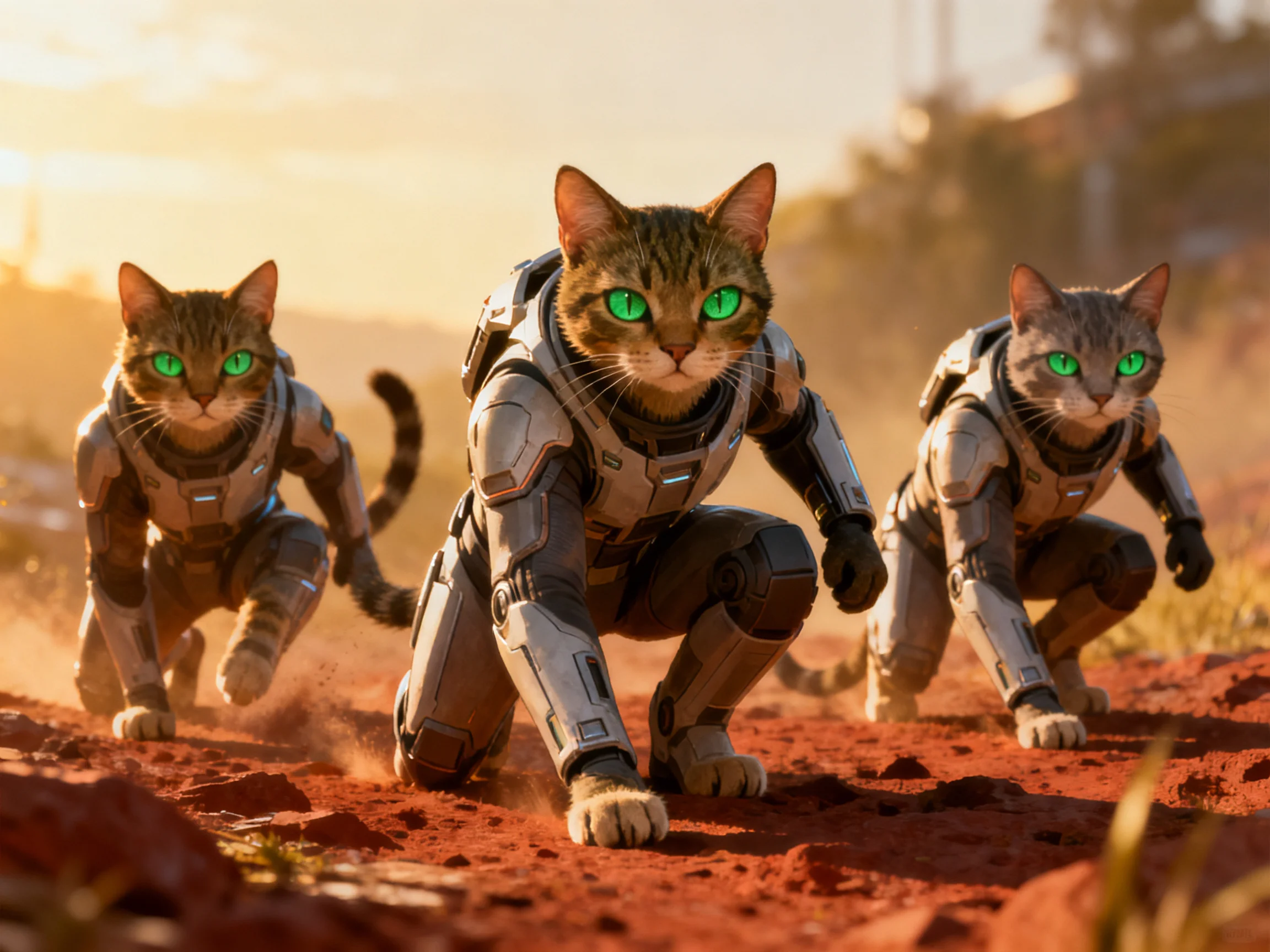 Three cats in robotic armor move swiftly across reddish terrain.