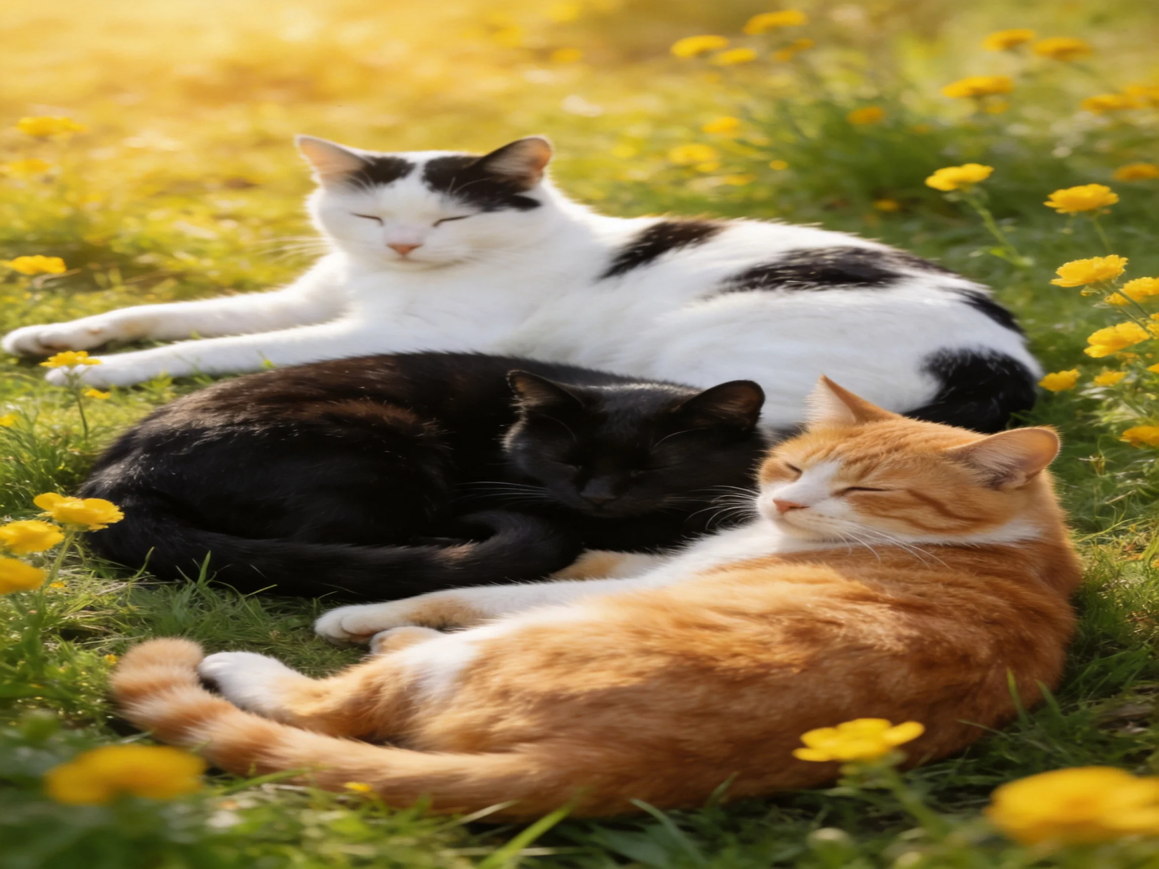 Three cats relax together in a sunlit area with yellow flowers.