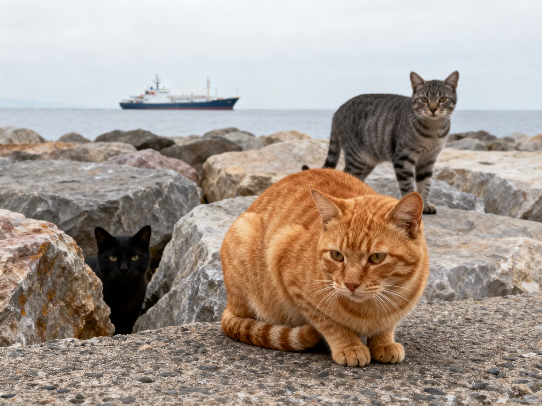Three cats of different colors sit on rocky terrain by the water with a ship nearby the distance