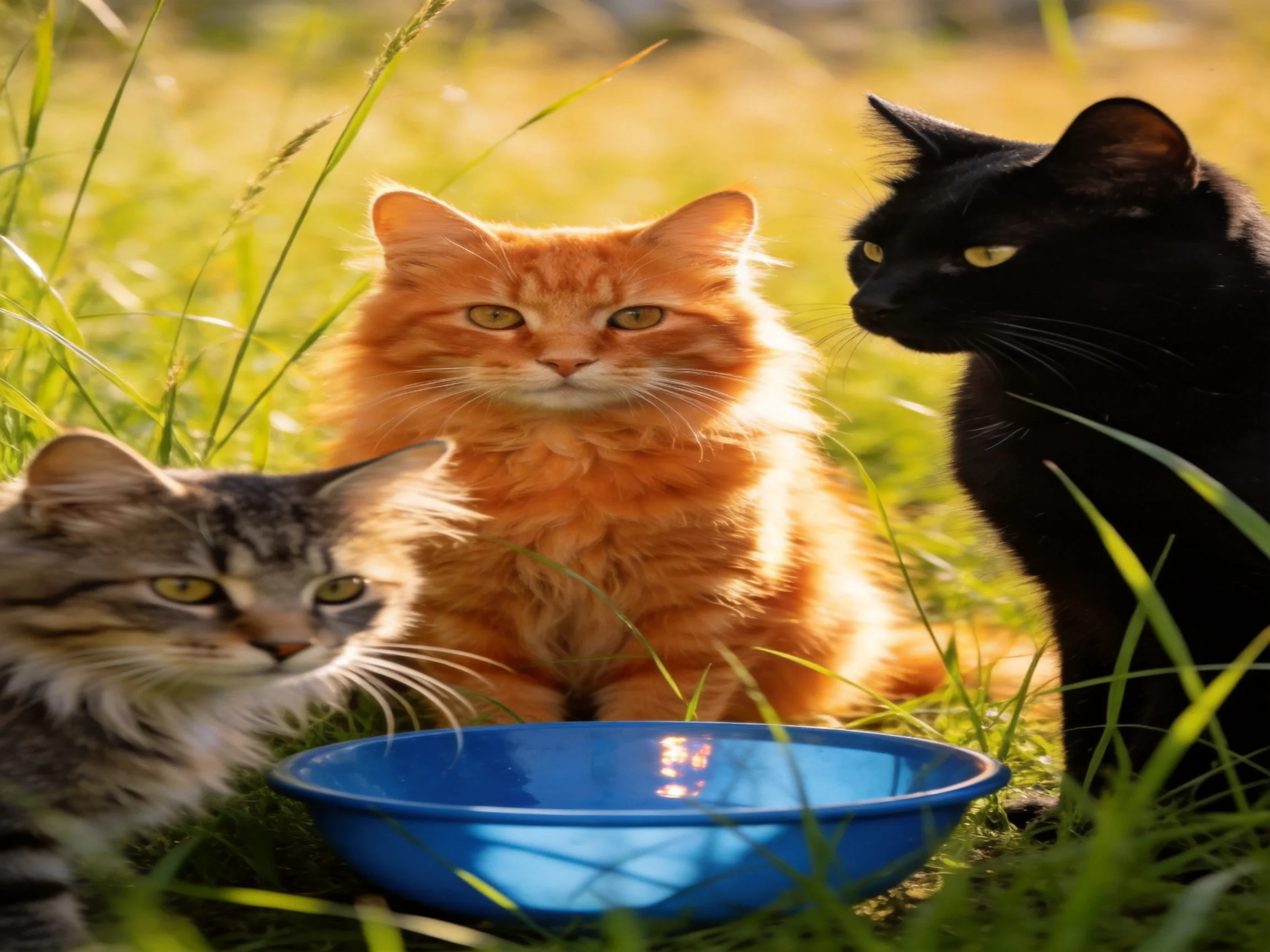 Three cats of different colors gather near a blue bowl in tall grass