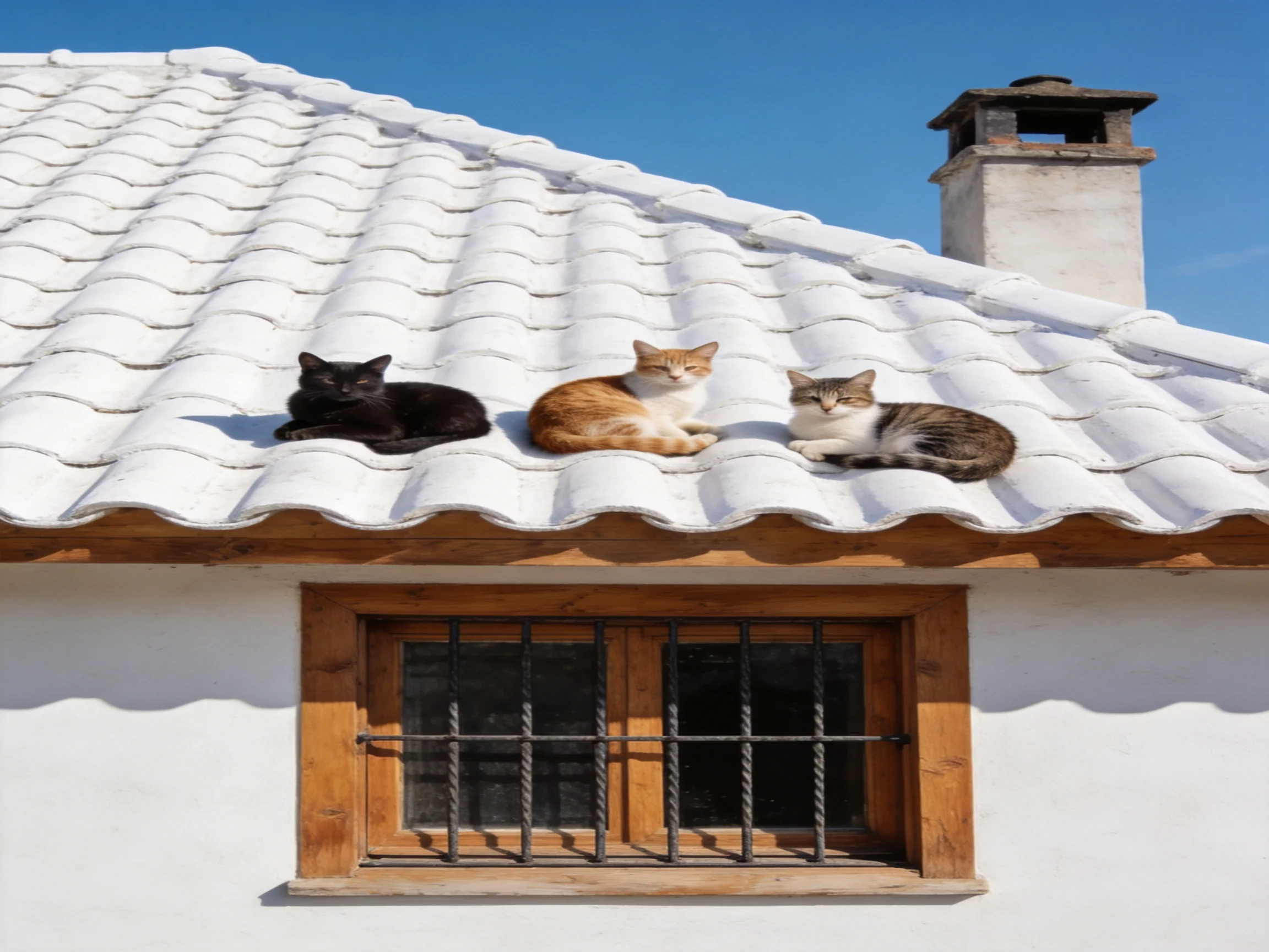 Three cats of different colors rest on a white tiled roof