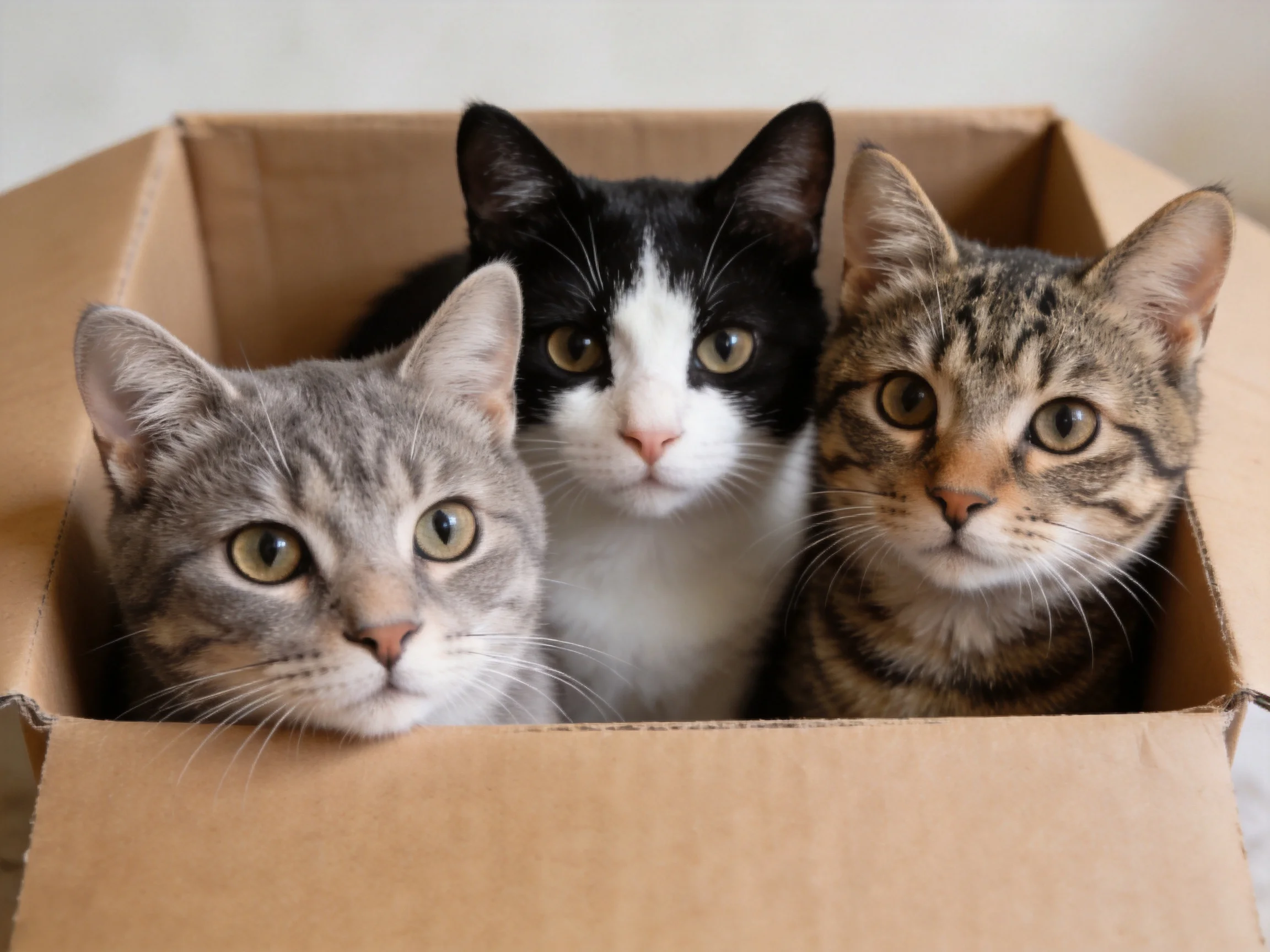 Three cats of diverse colors in an open cardboard box