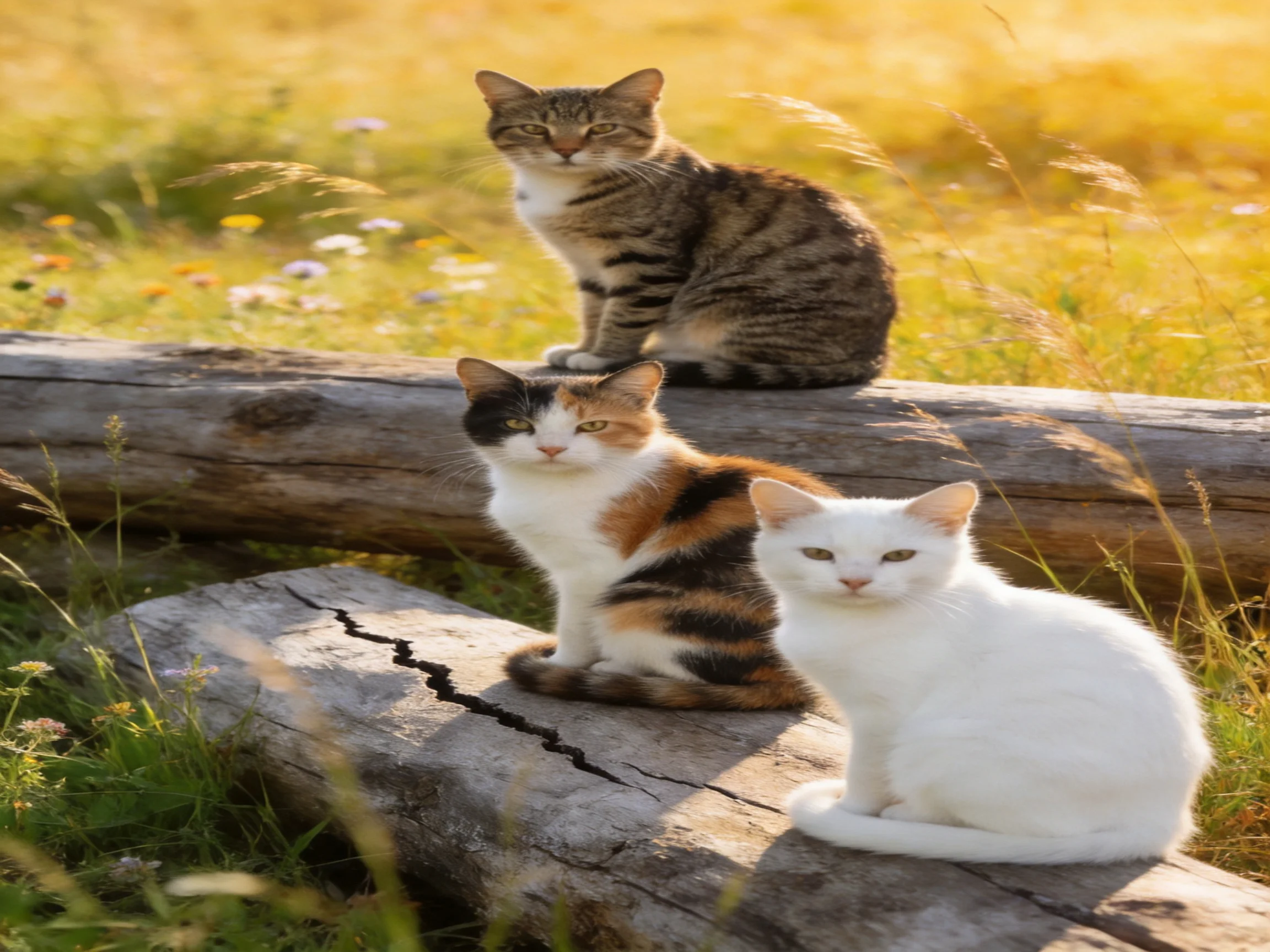 Three cats of diverse colors relax on aged wooden logs amid a sunlit meadow