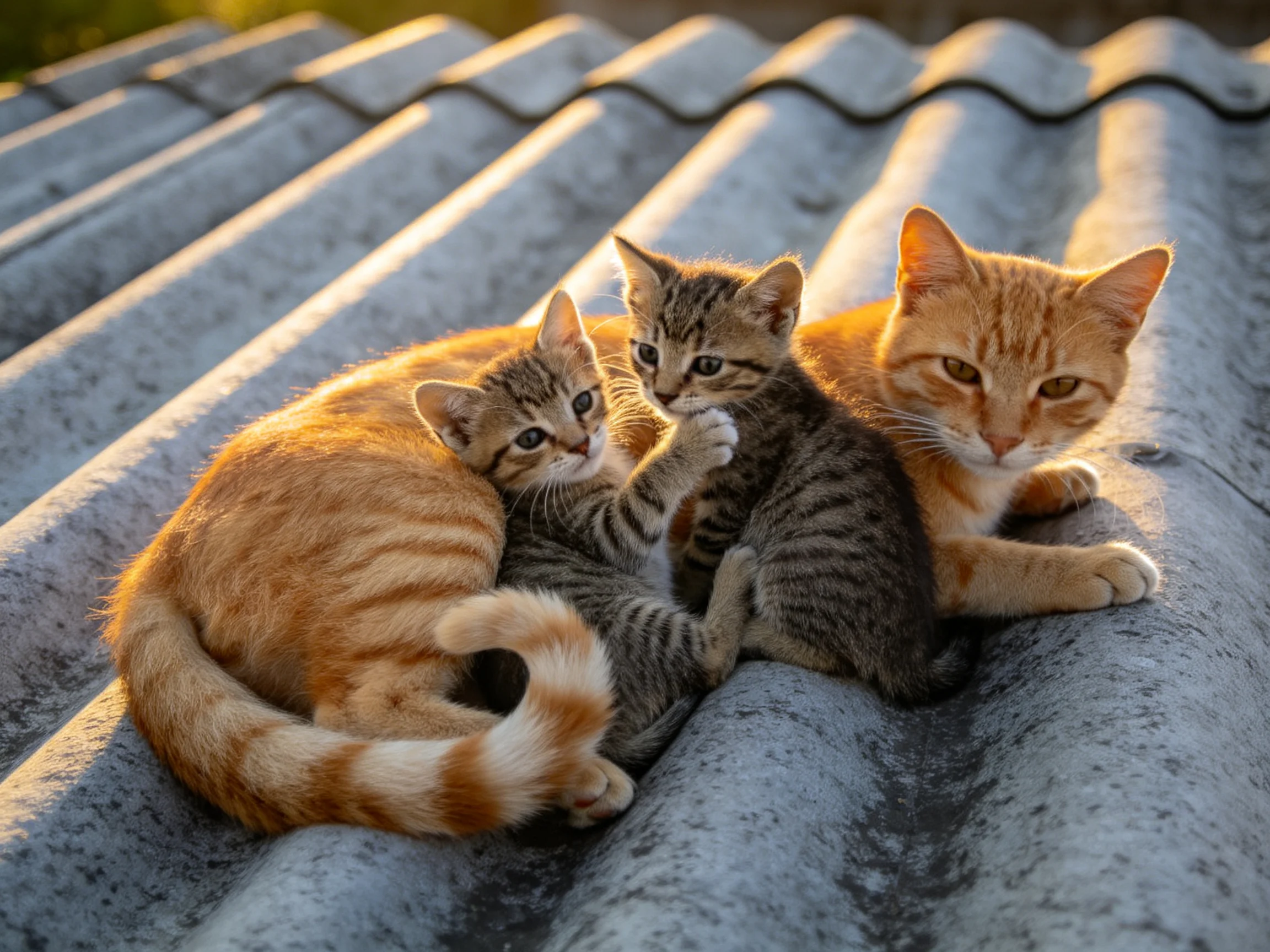 Three cats rest together on a weathered rooftop in warm light.