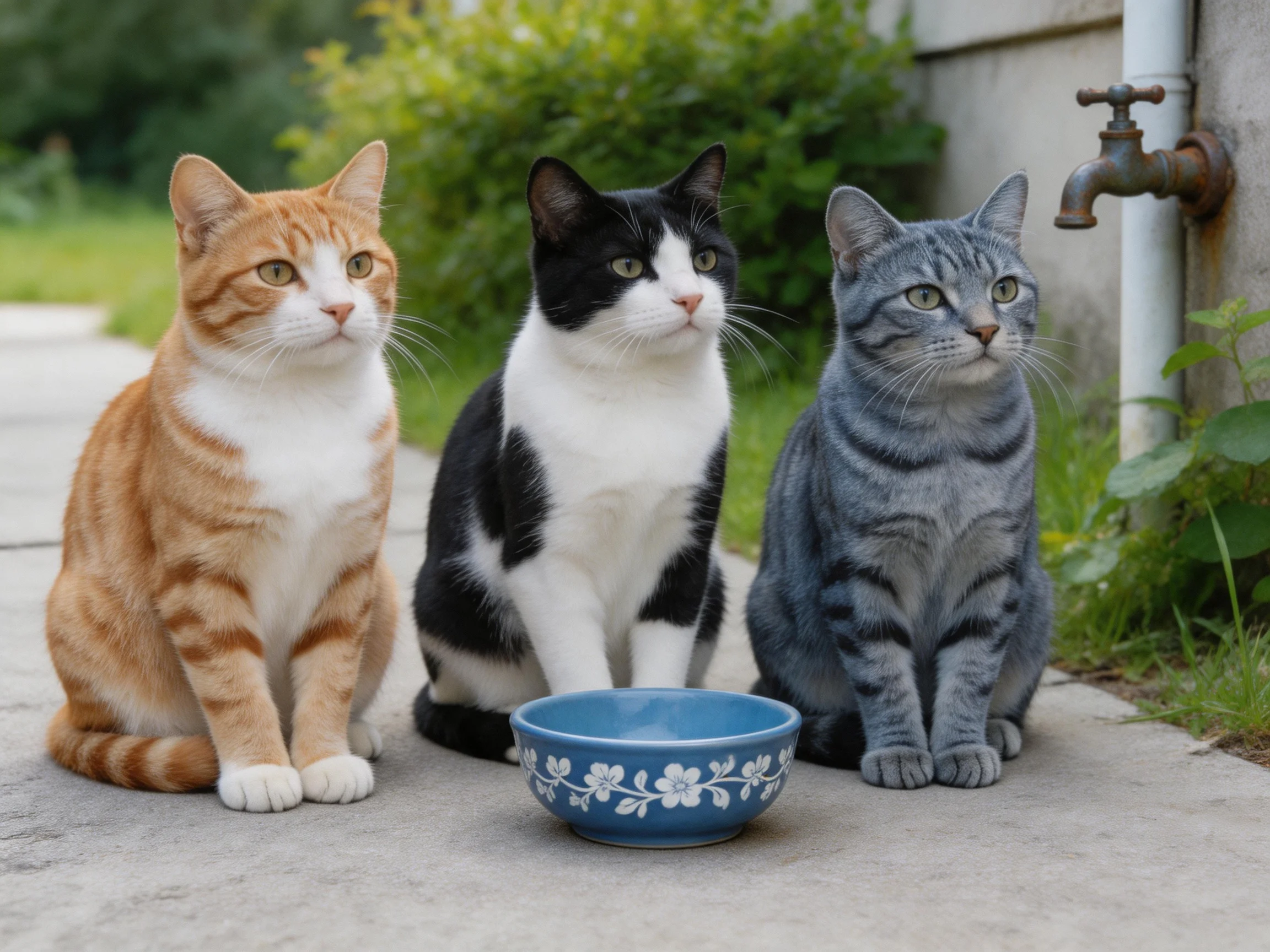 Three cats of orange, black-and-white, and gray sit beside a blue floral bowl