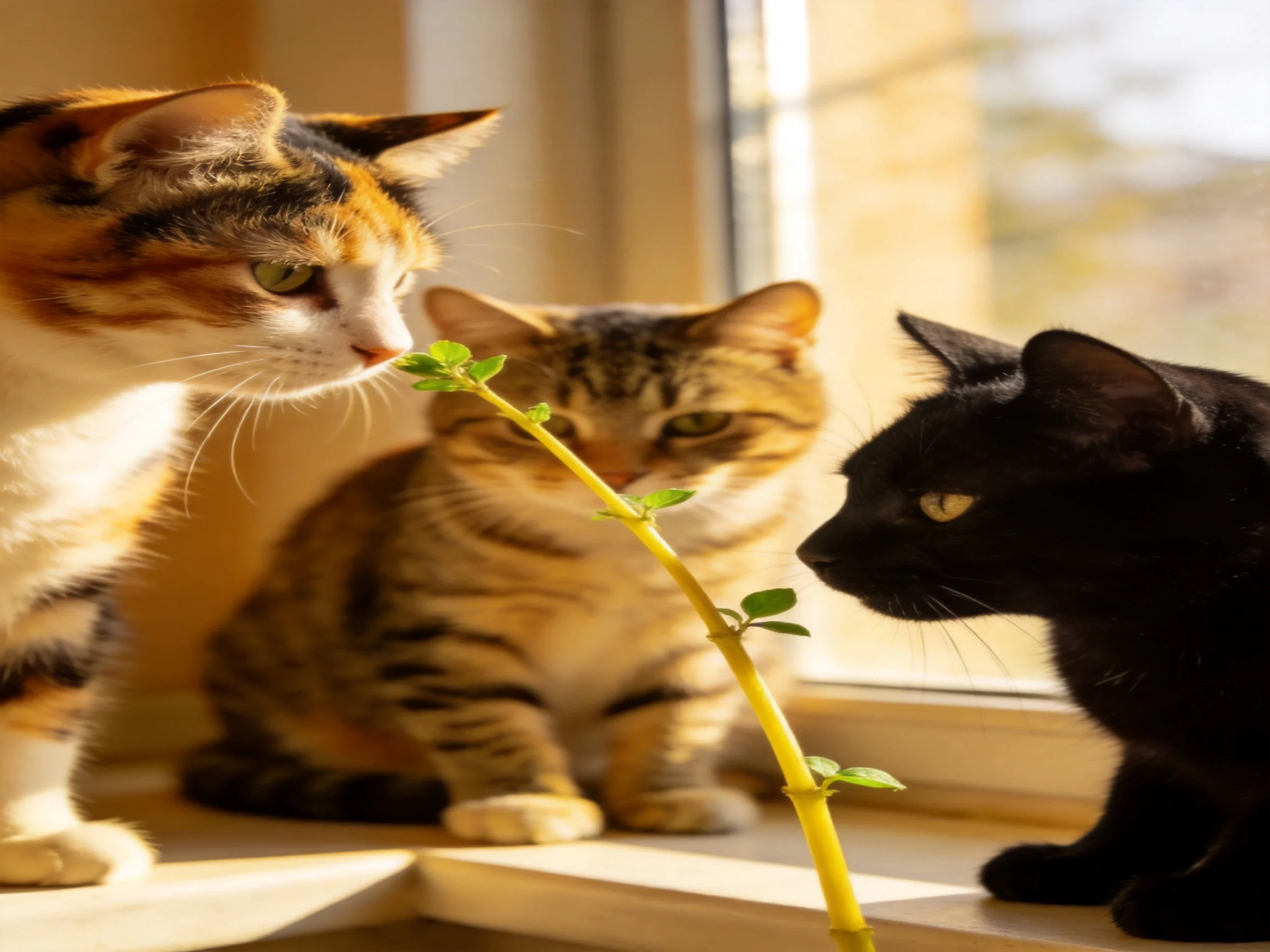 Three cats of different colors observe a plant near a sunlit window.