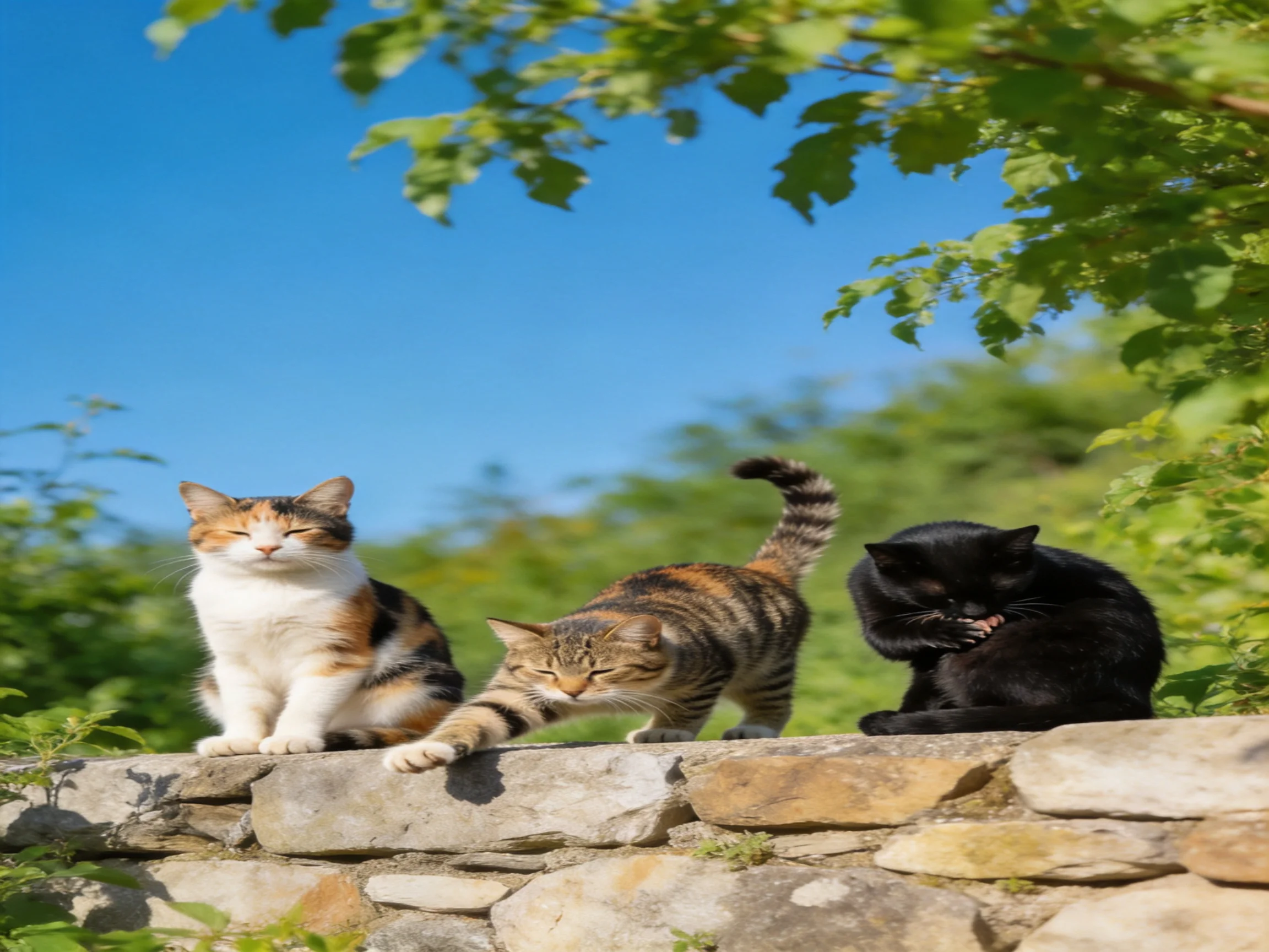 Three cats of varied colors rest on a stone wall amid greenery