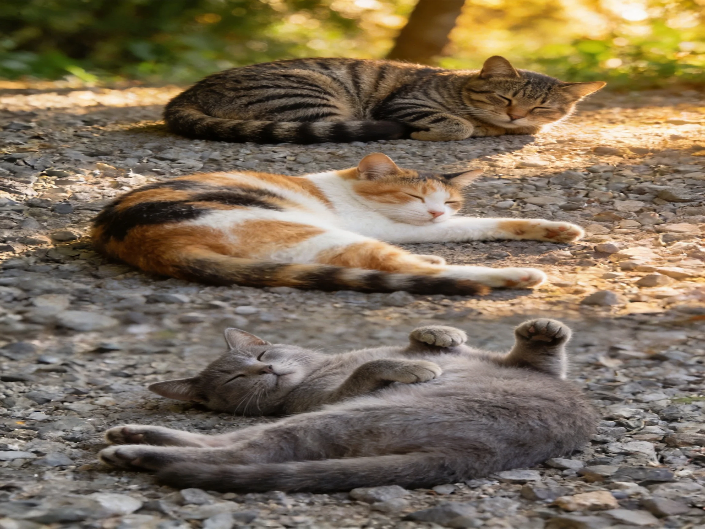 Three cats of varying colors rest on a gravel path