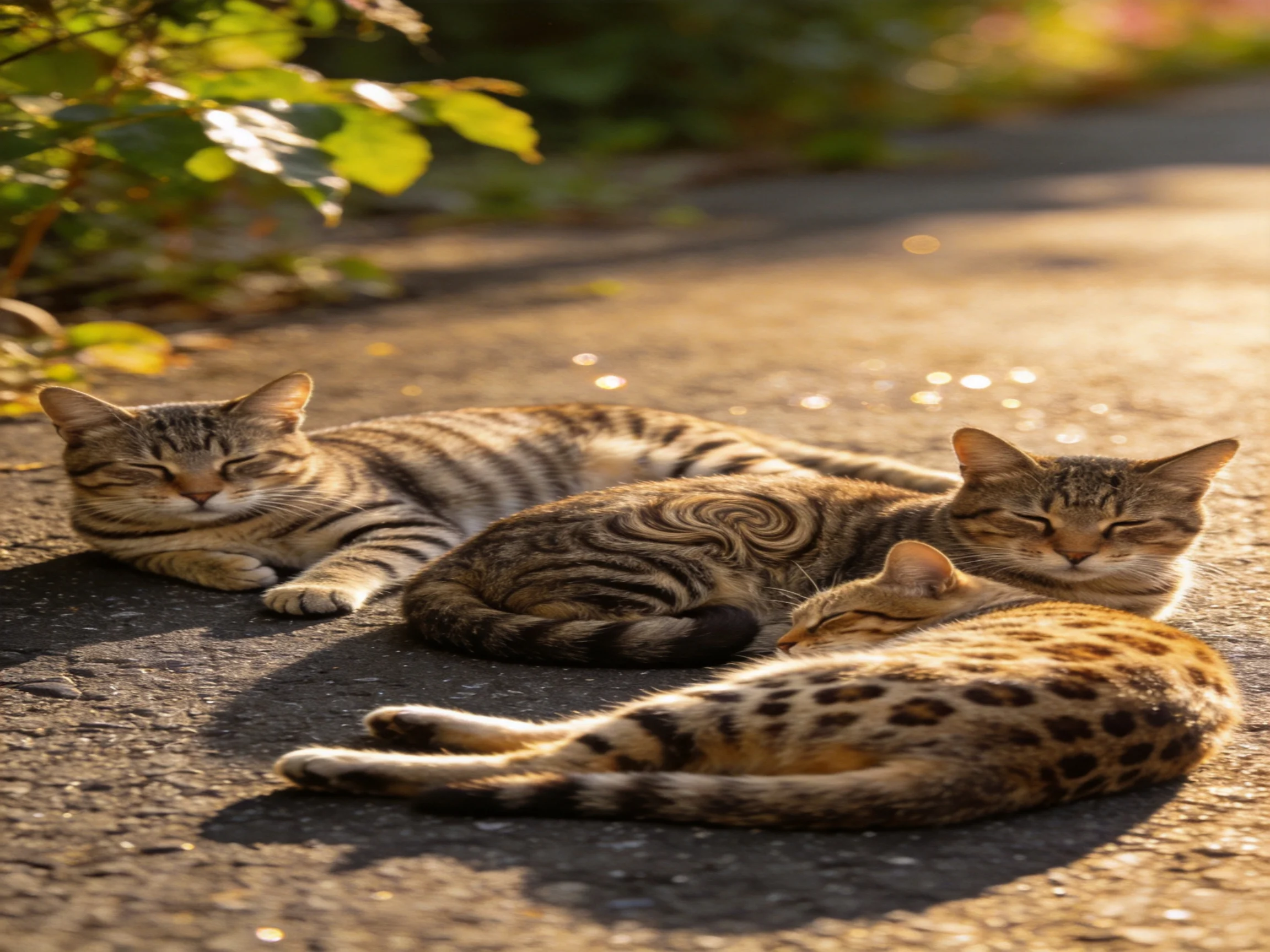 Three cats rest on a sunlit paved path with varied fur patterns
