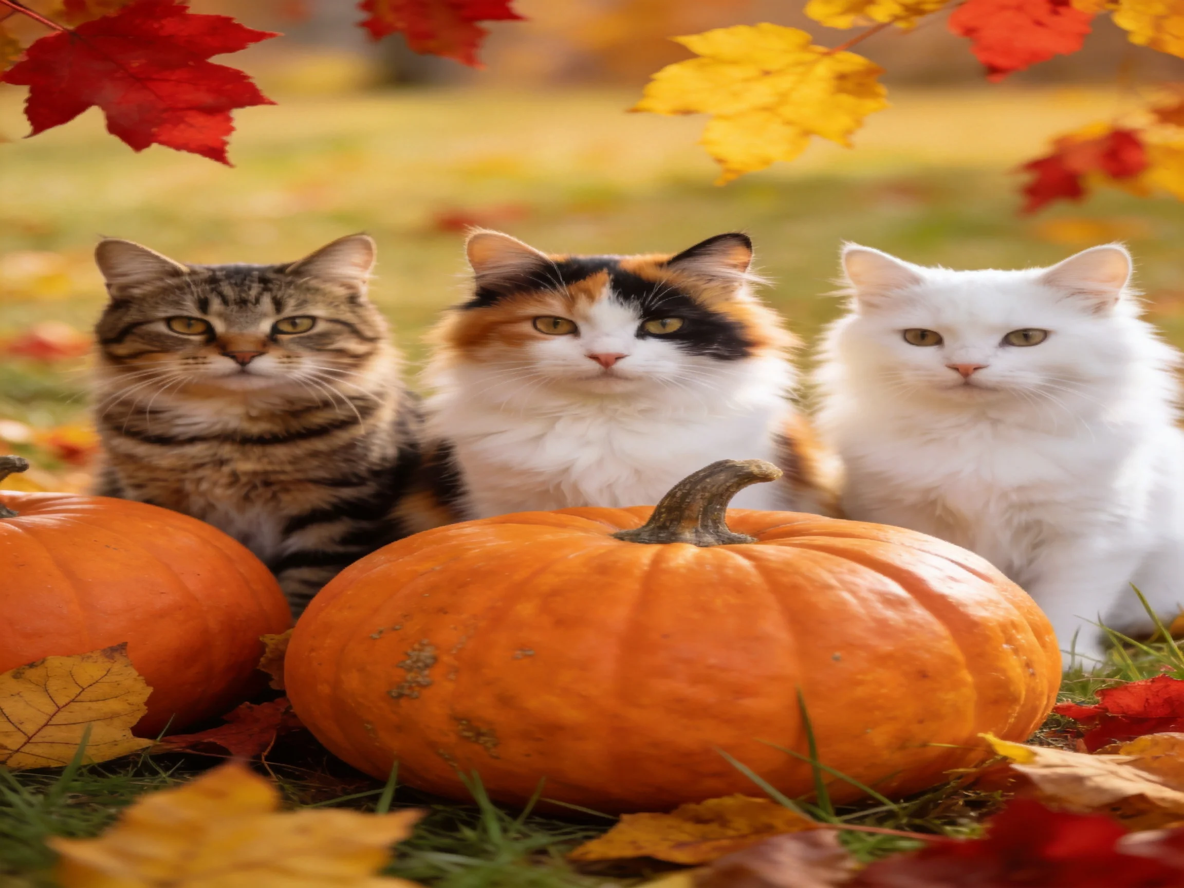 Three cats sit among two pumpkins amid colorful fall foliage.