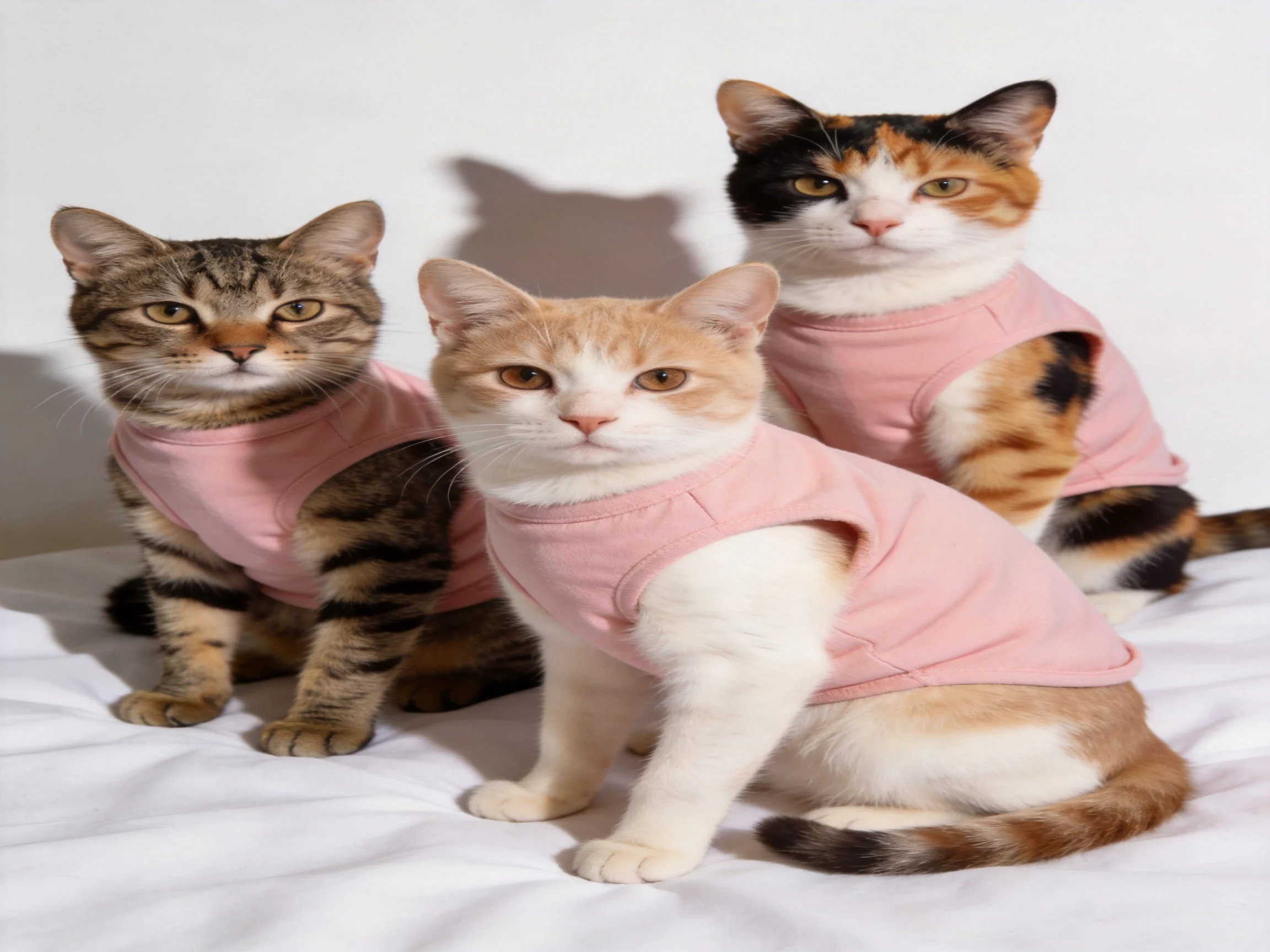 Three cats wearing pink vests sit on a white surface