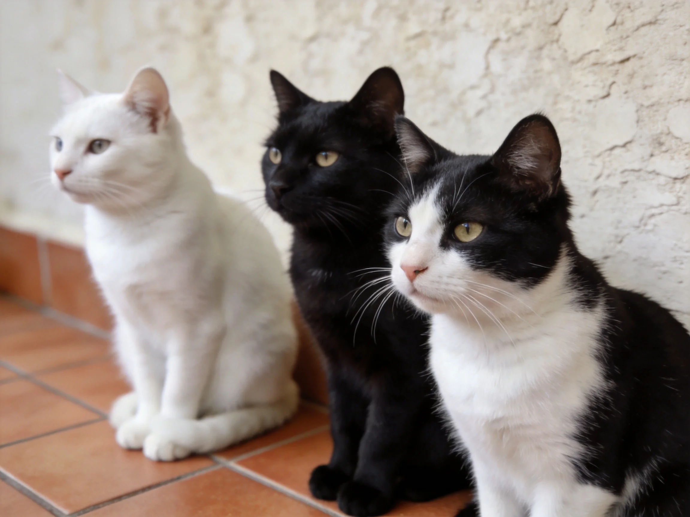 Three cats with distinct colors sit near a textured wall