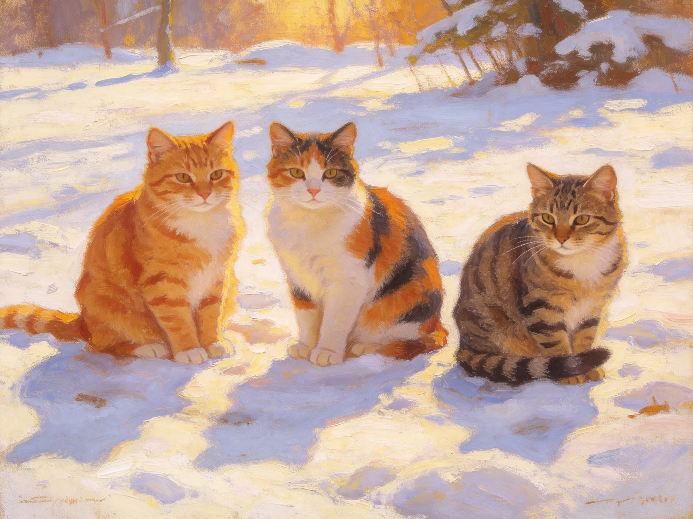 Three cats with diverse coats sit in a sunlit snowy landscape
