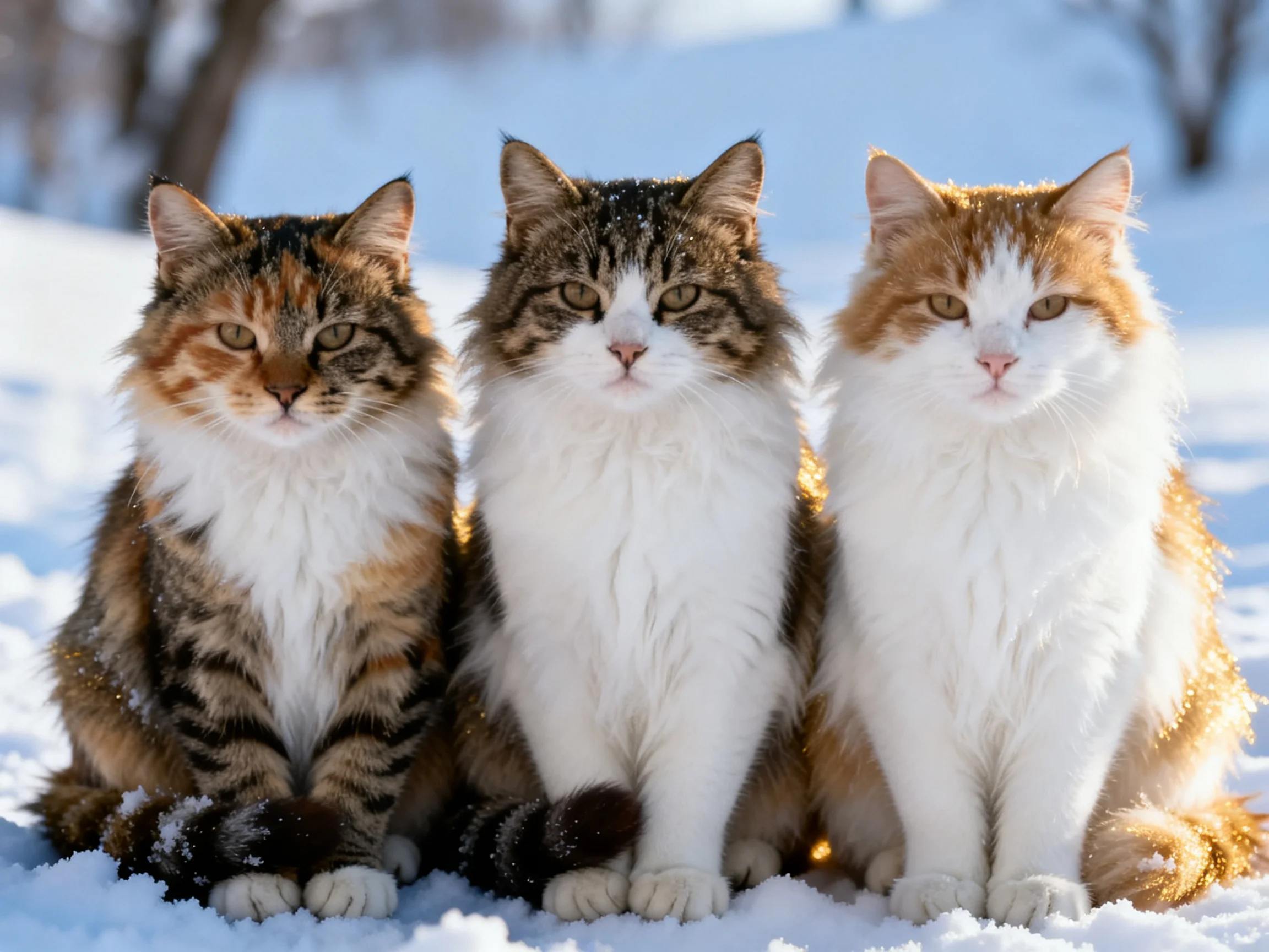Three cats with different fur patterns rest on a snowy surface.