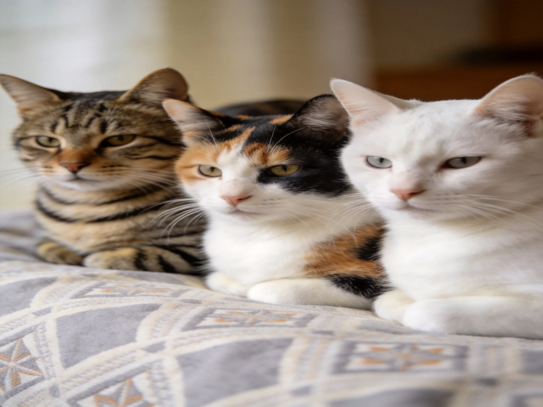 Three cats with diverse fur patterns rest on a geometric-patterned fabric