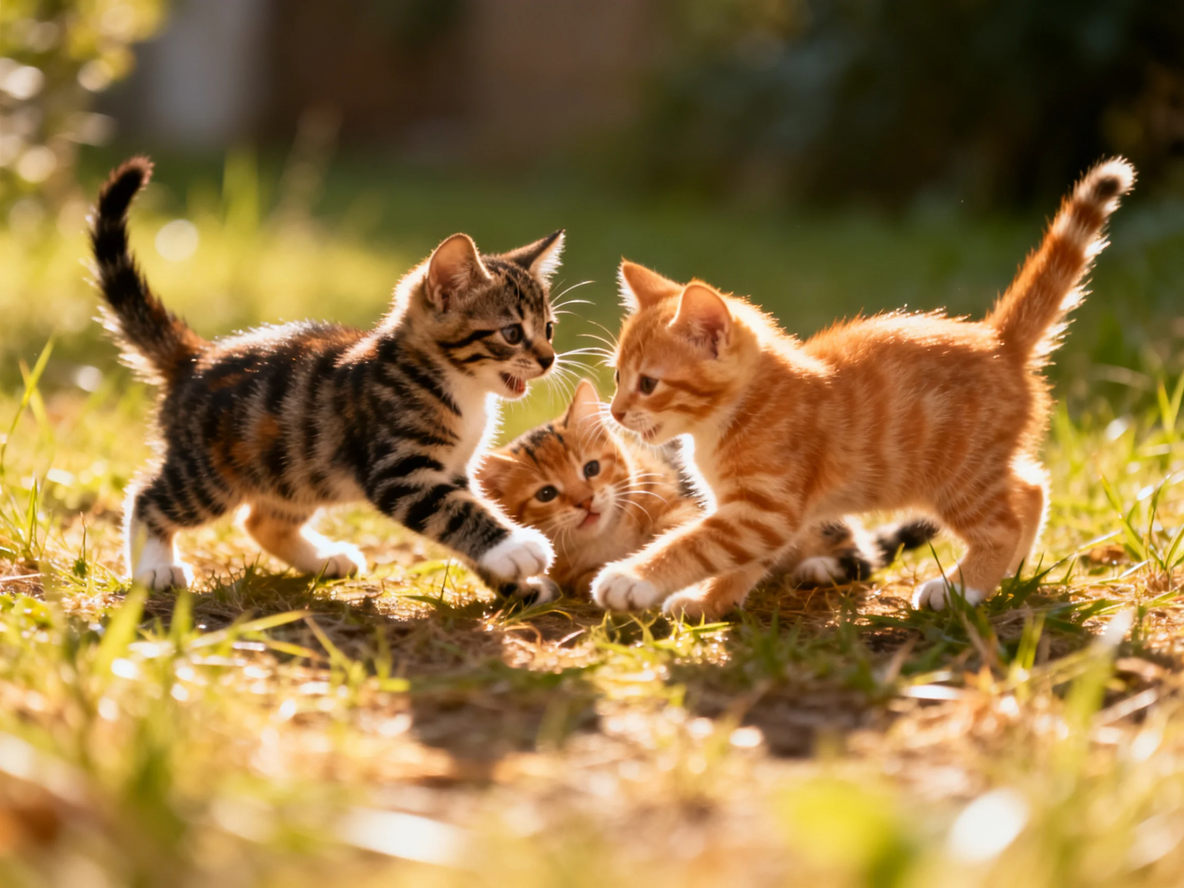 Three colorful kittens play on sun-drenched grass