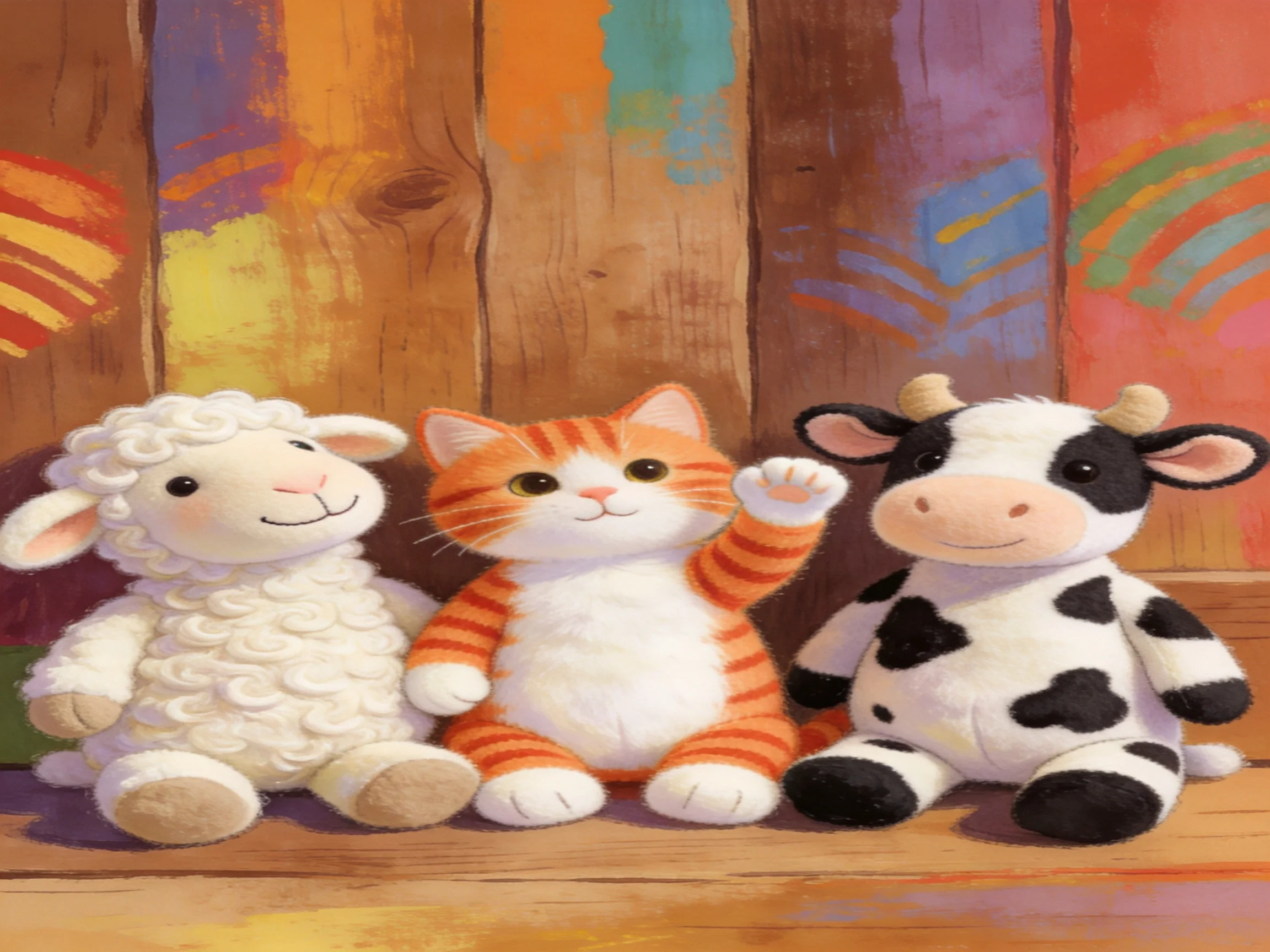 Three colorful stuffed farm animals sit against a painted wooden wall
