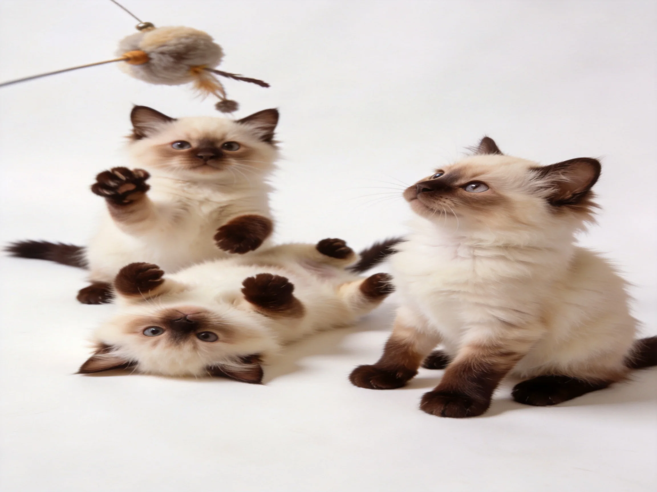 Three Siamese kittens play with a hanging toy.