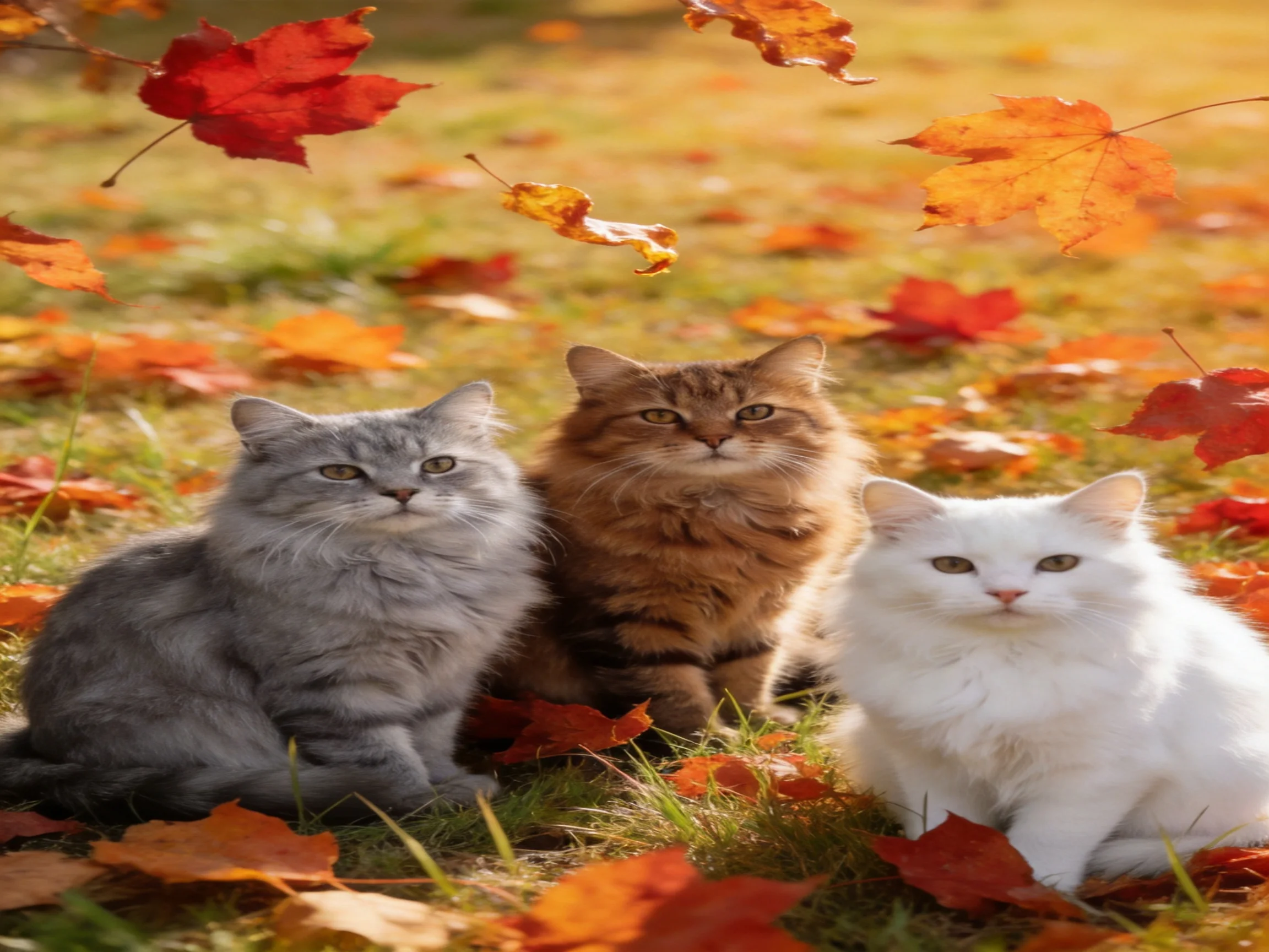 Three fluffy cats of varied hues sit amid colorful autumn leaves