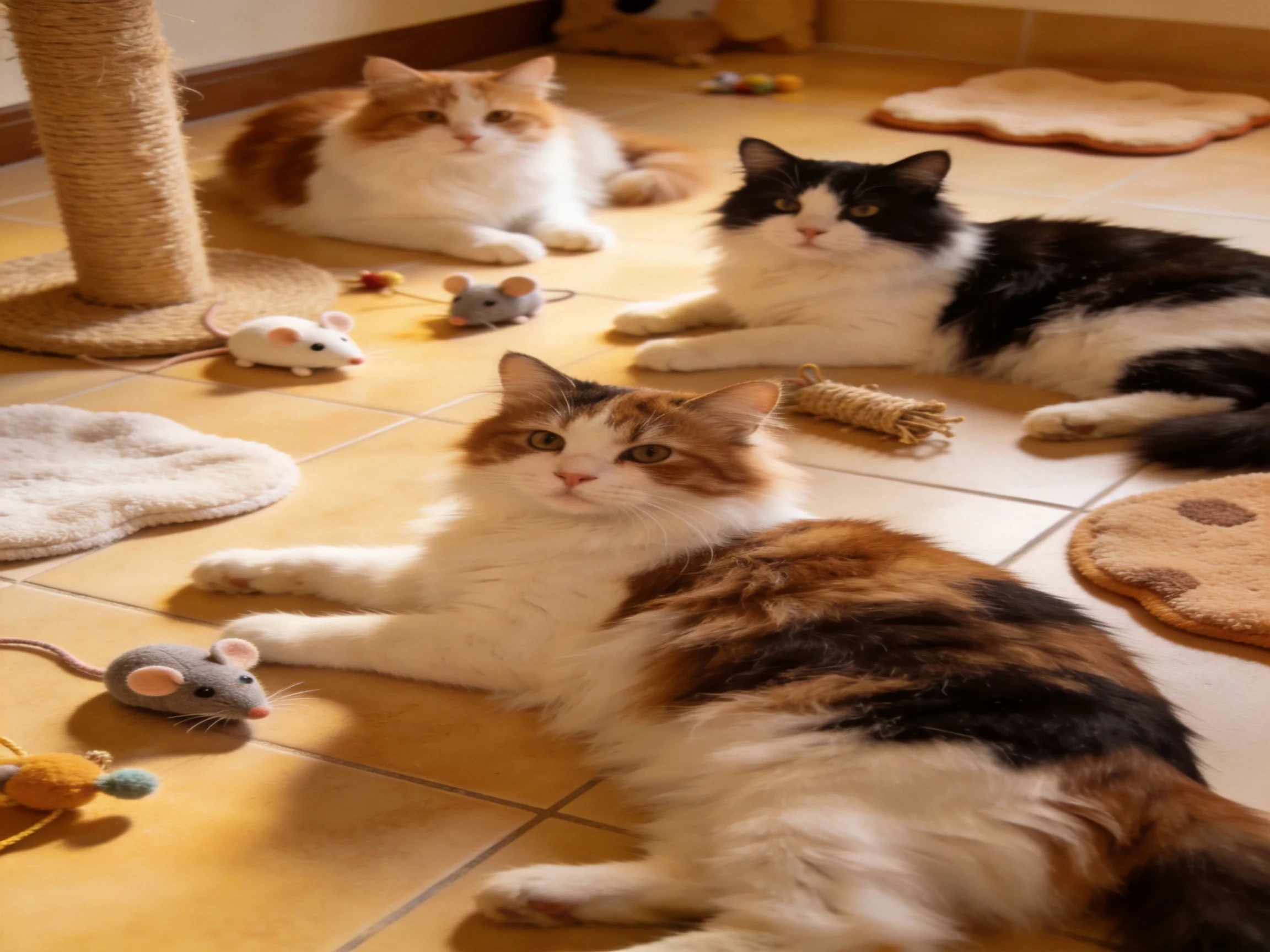 Three cats relax near various cat toys on a tiled surface.