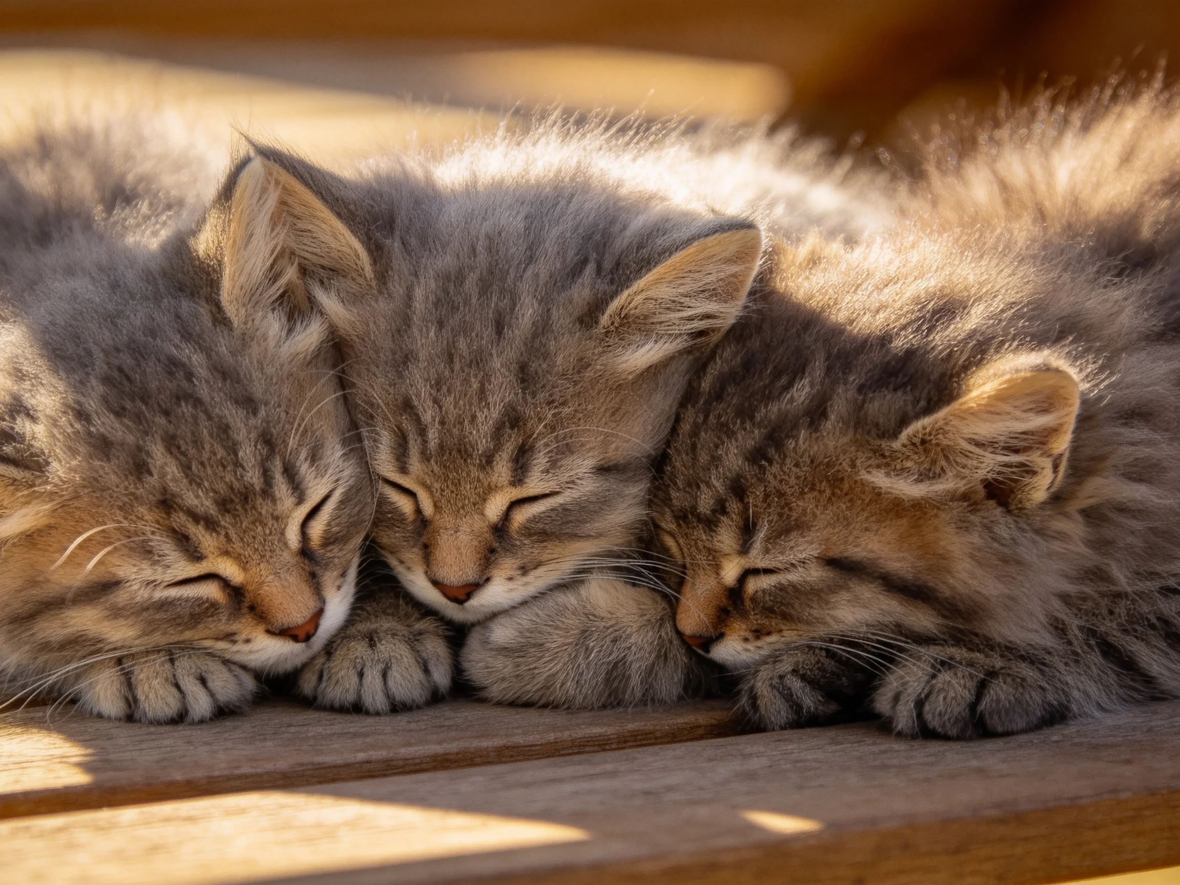 Three gray tabby kittens sleep closely together on a wooden bench.