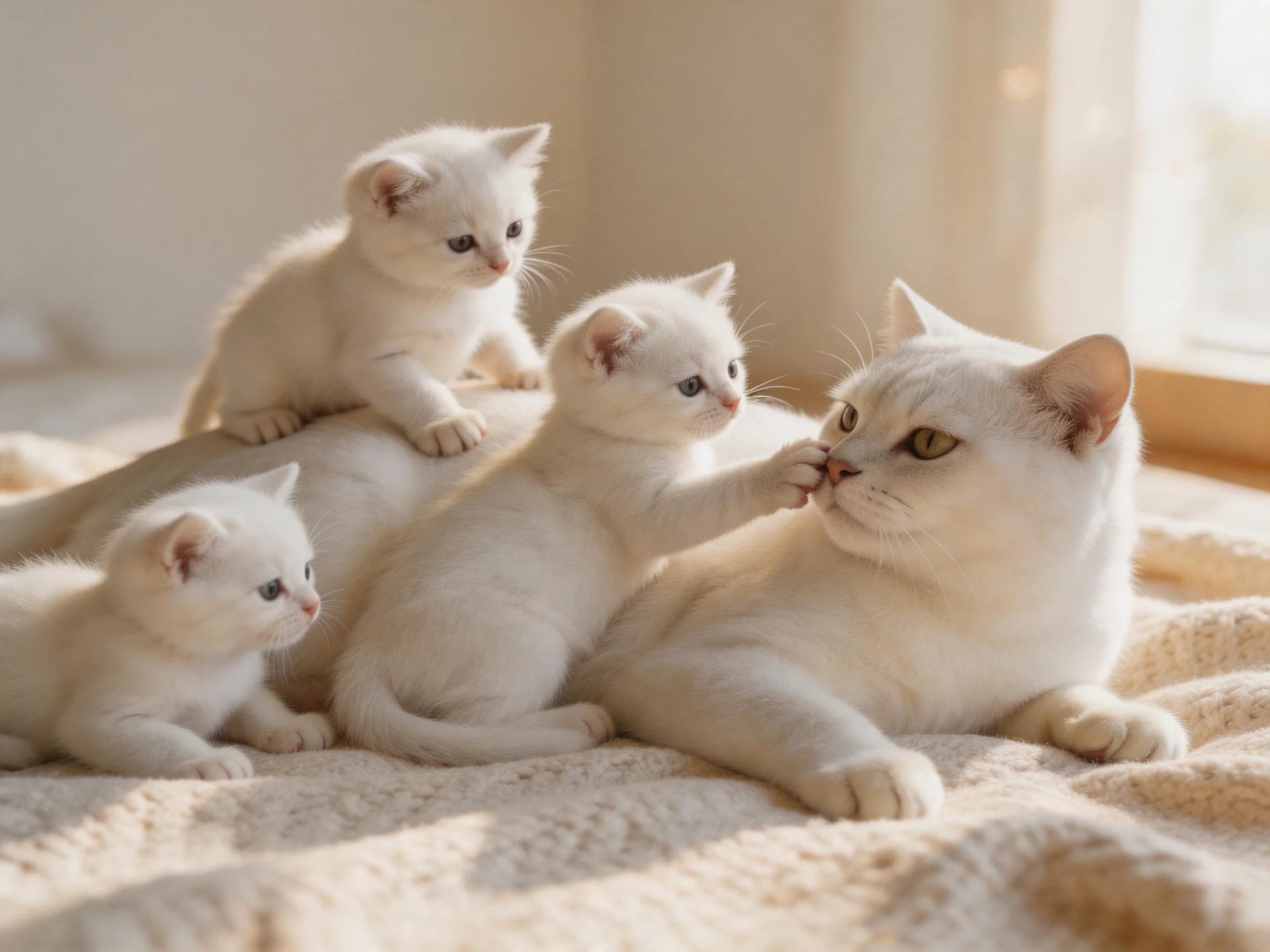 Three kittens and a mother cat relax on a soft blanket in warm sunlight