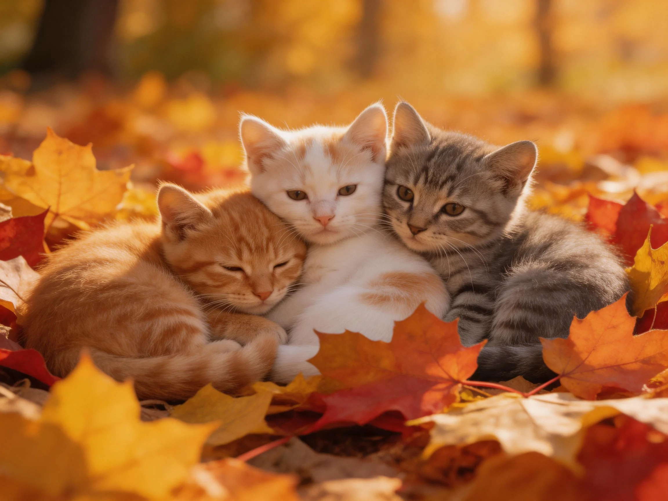 Three kittens cuddle among colorful autumn leaves in golden sunlight