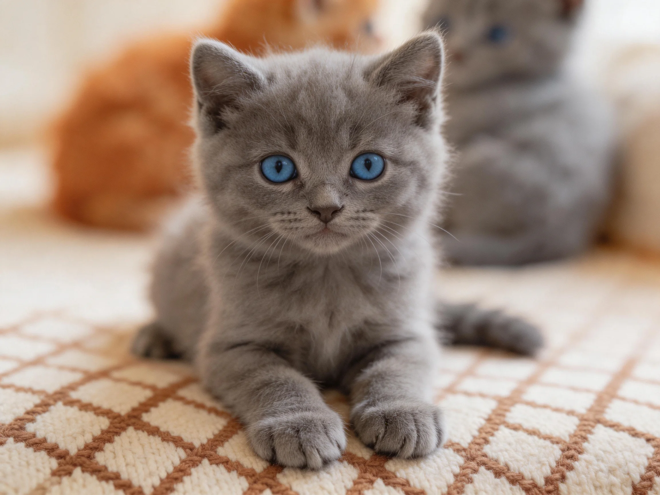 Three kittens, including a gray one with blue eyes, relax on a checkered cushion