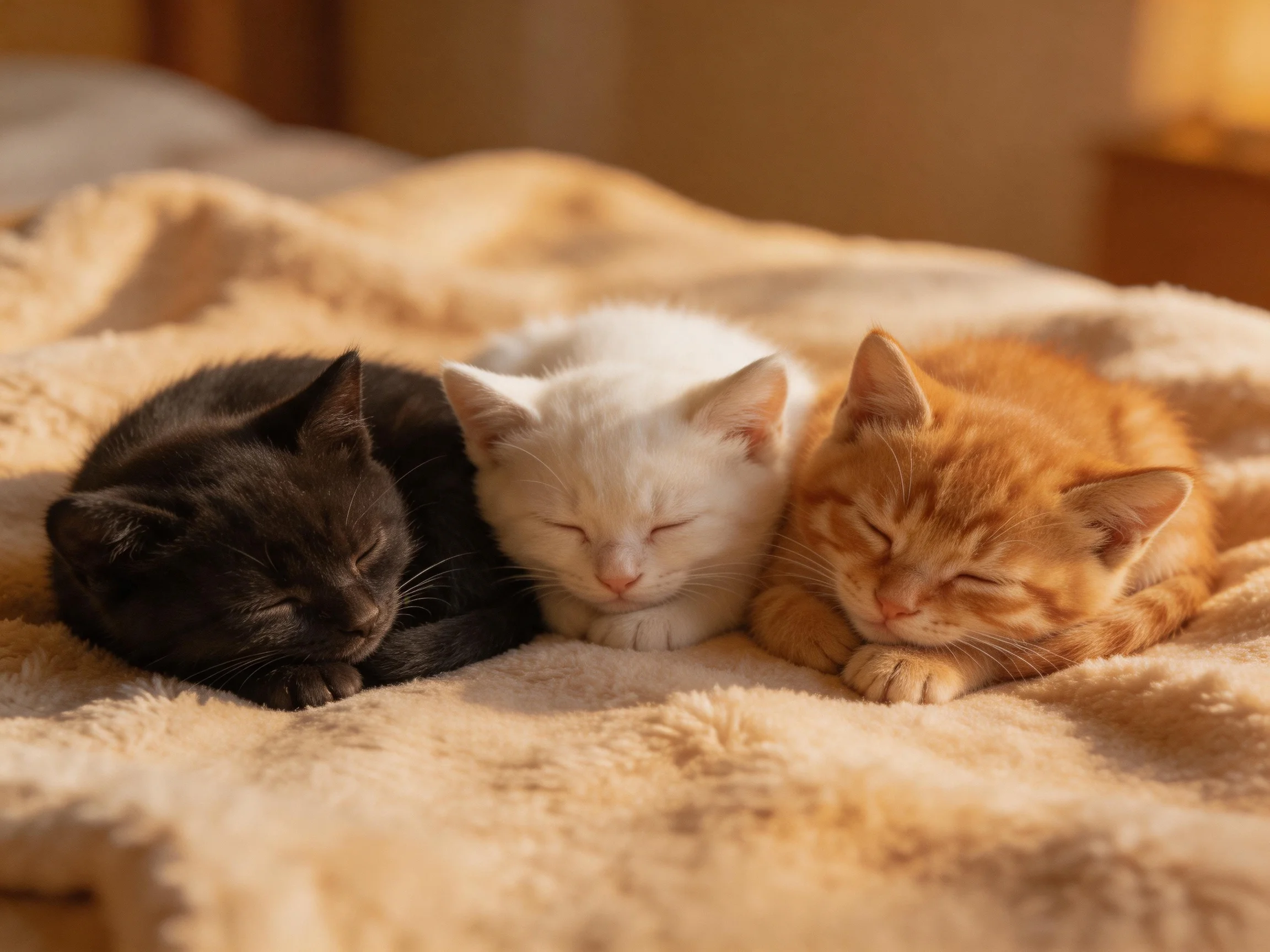 Three kittens of black, white, and orange resting on a plush blanket