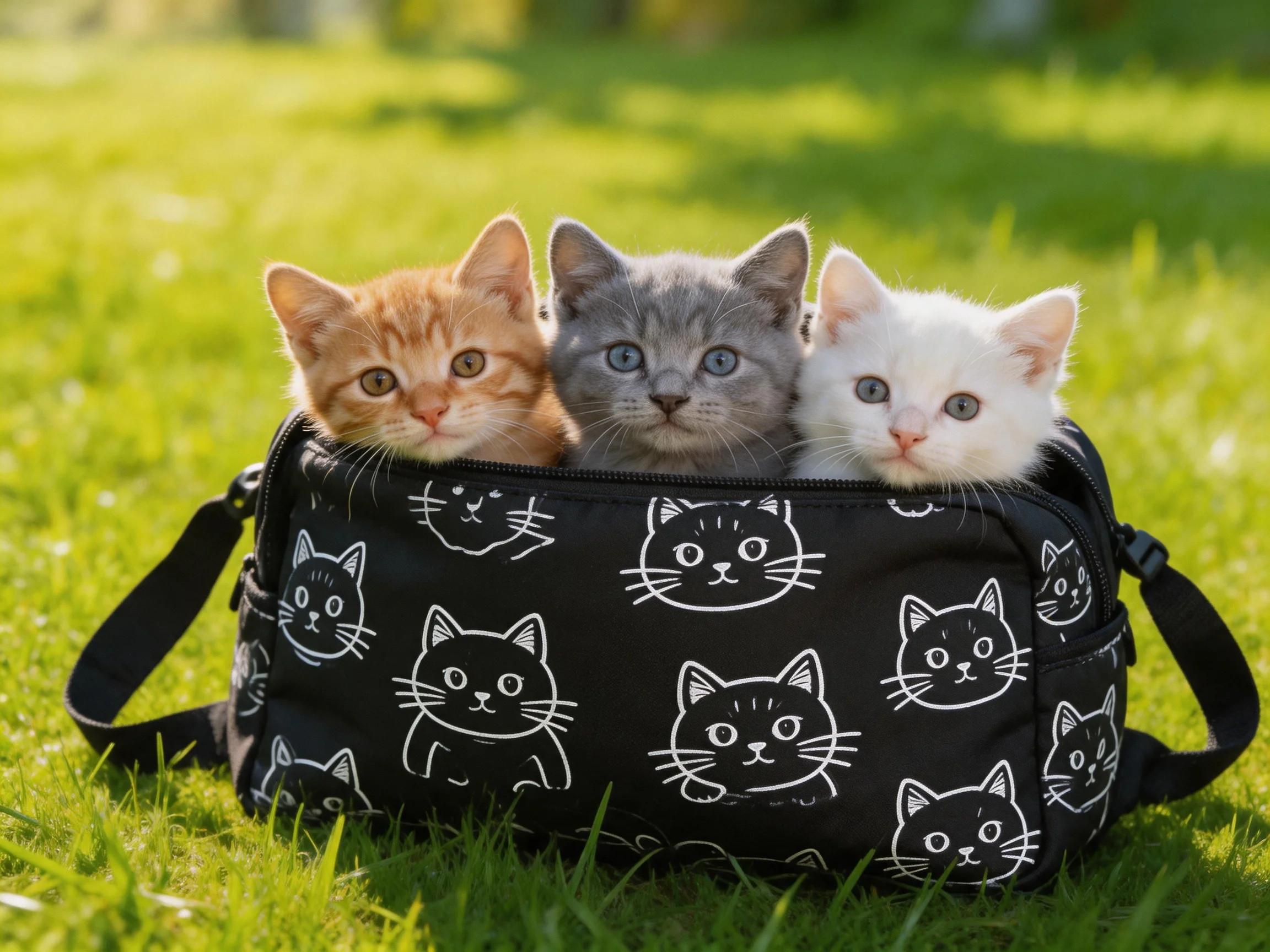 Three kittens of orange, gray, and white in a black cat-print bag on green grass