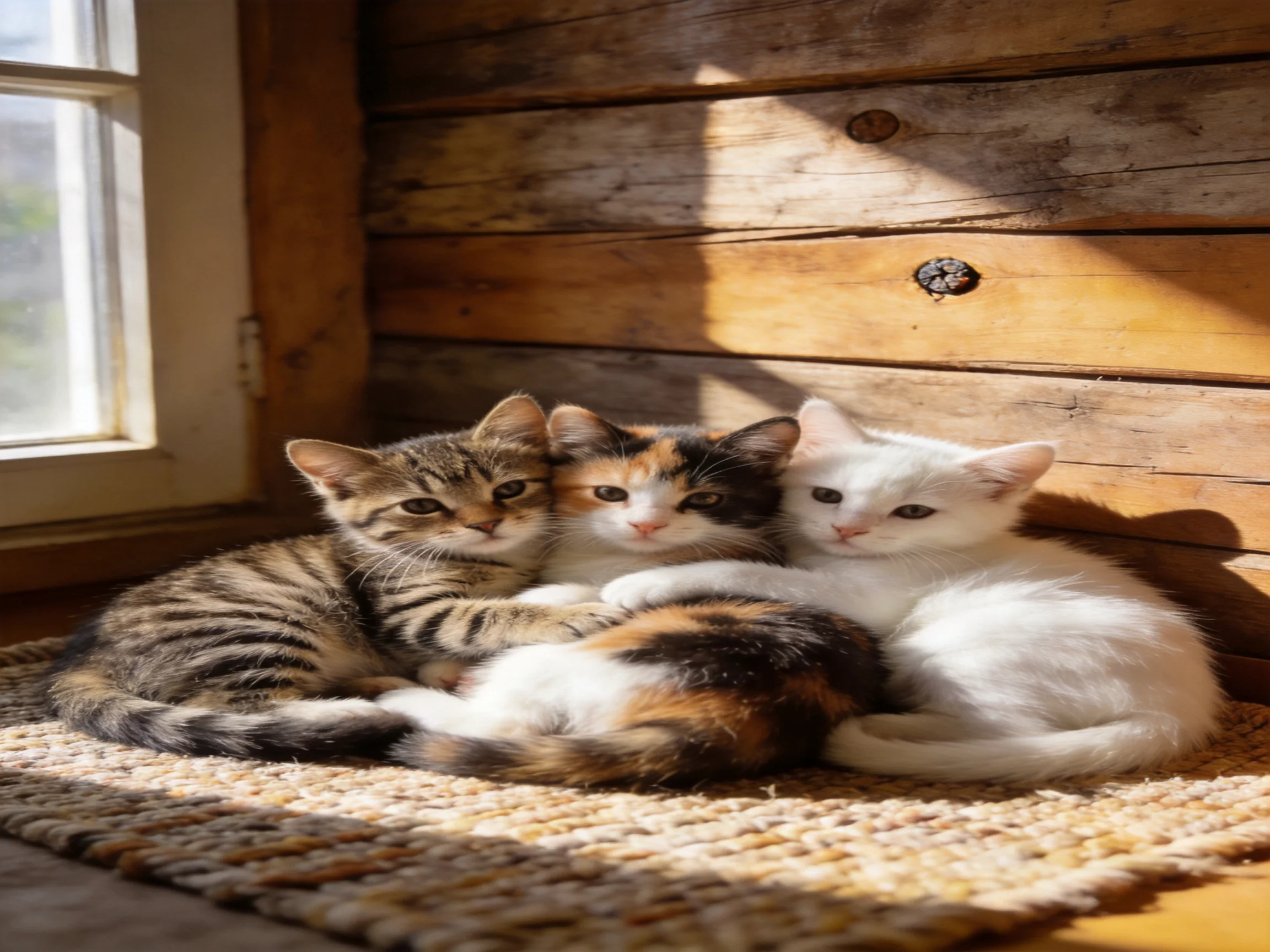 Three kittens snuggle together beside a wooden wall by a sunlit window.