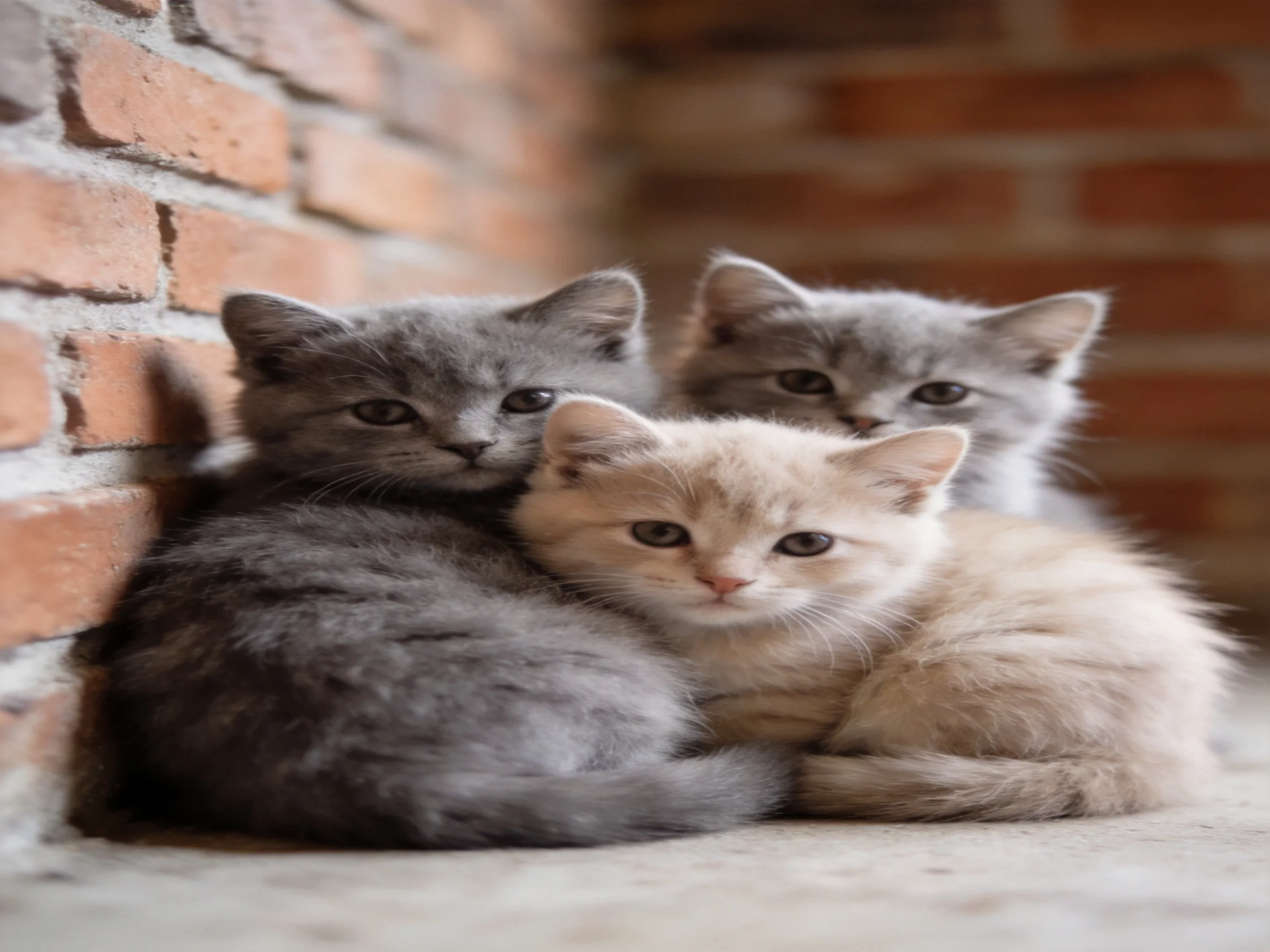 Three kittens of varying colors cuddle by a rustic brick wall