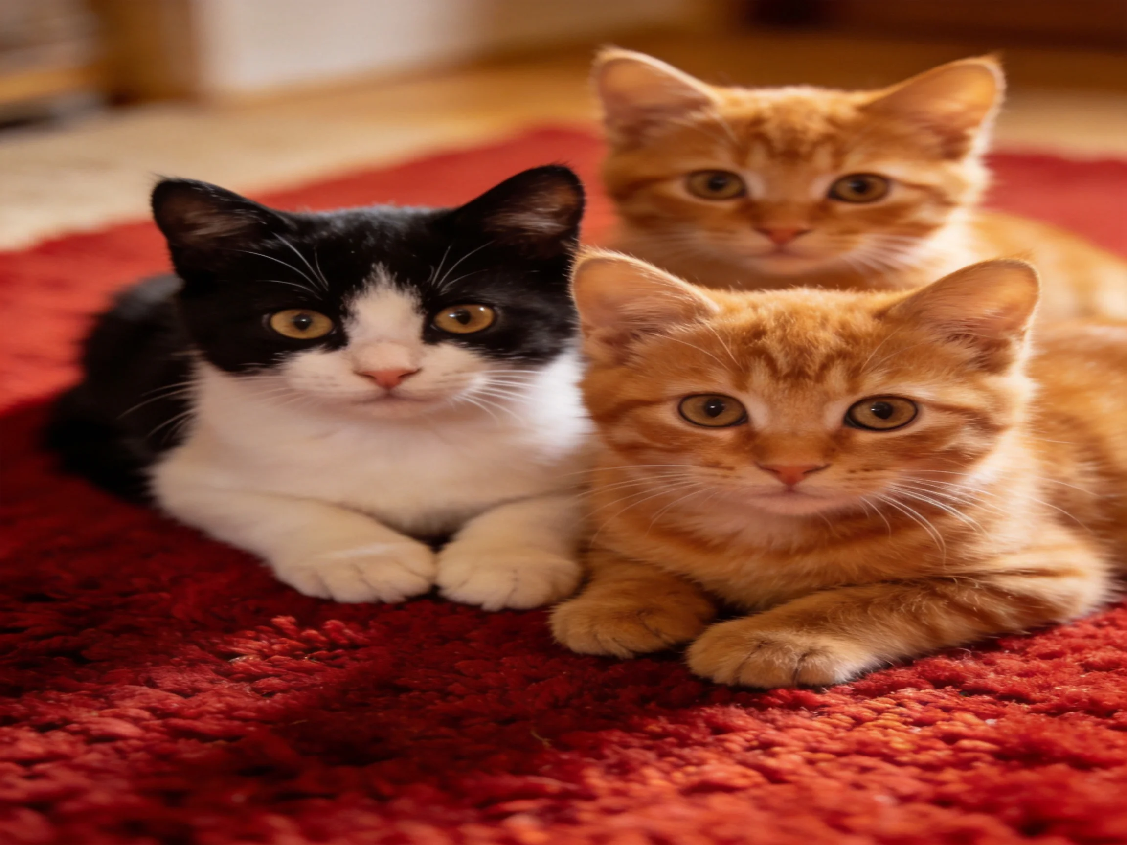 Three kittens of varying colors rest on a plush red carpet