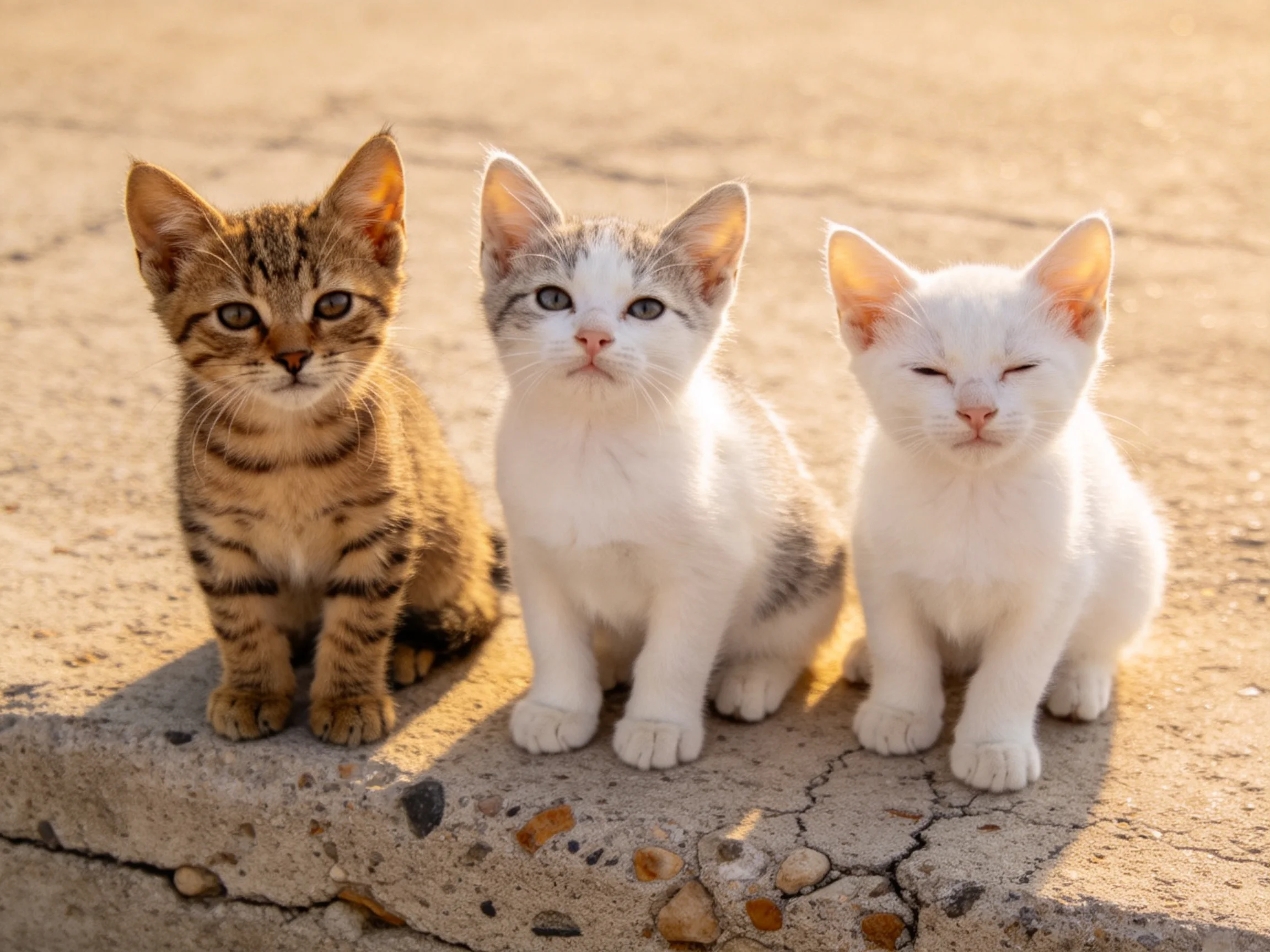 Three kittens of varying colors sit on a cracked concrete ledge in sunlight