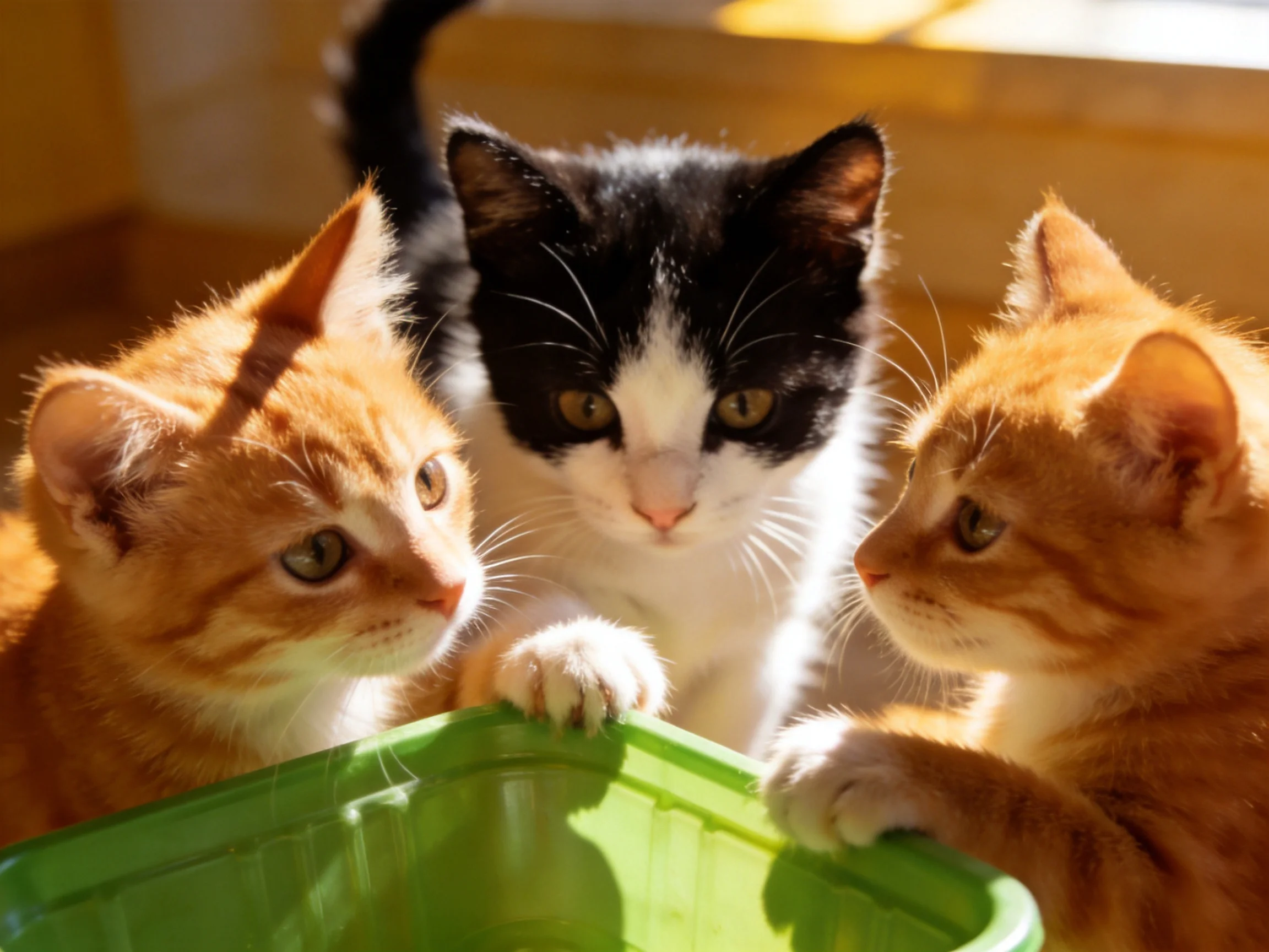 Three kittens—one black-and-white, two orange—gather around a green container.