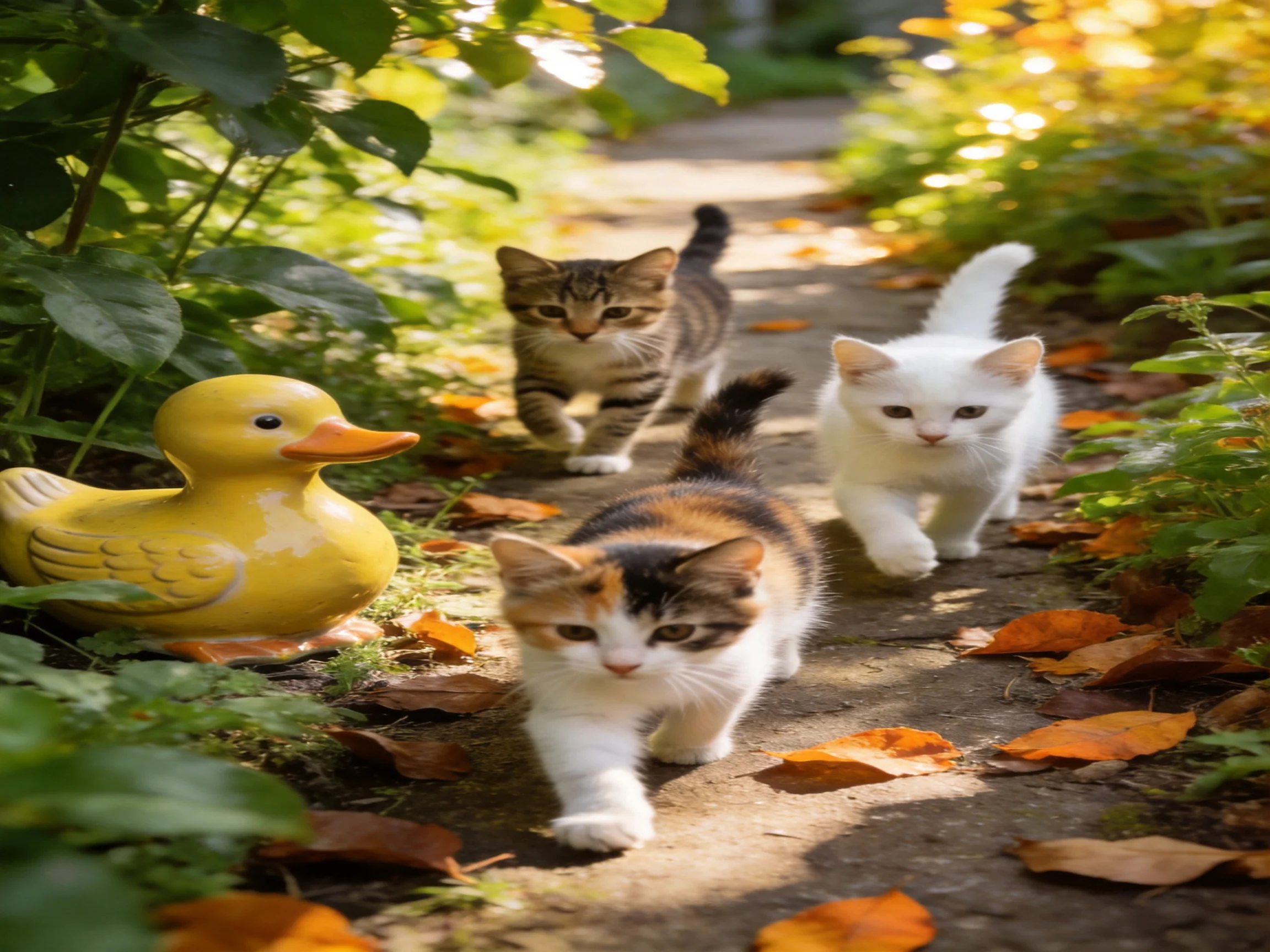 Three kittens walk along a leaf-covered path beside a large yellow rubber duck