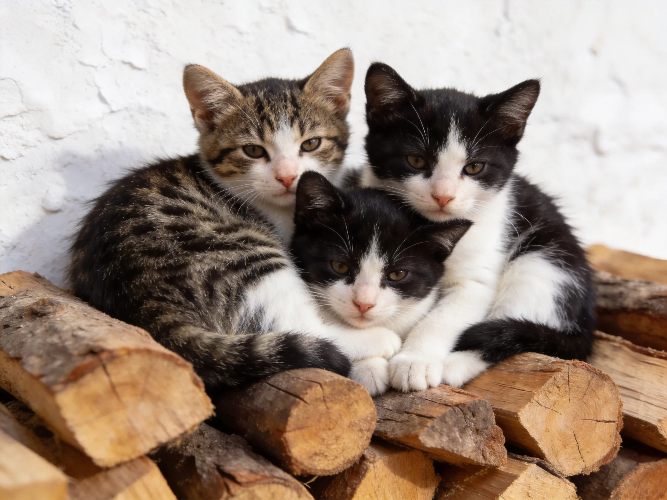 Three kittens with tabby and black-and-white coats snuggle on stacked firewood