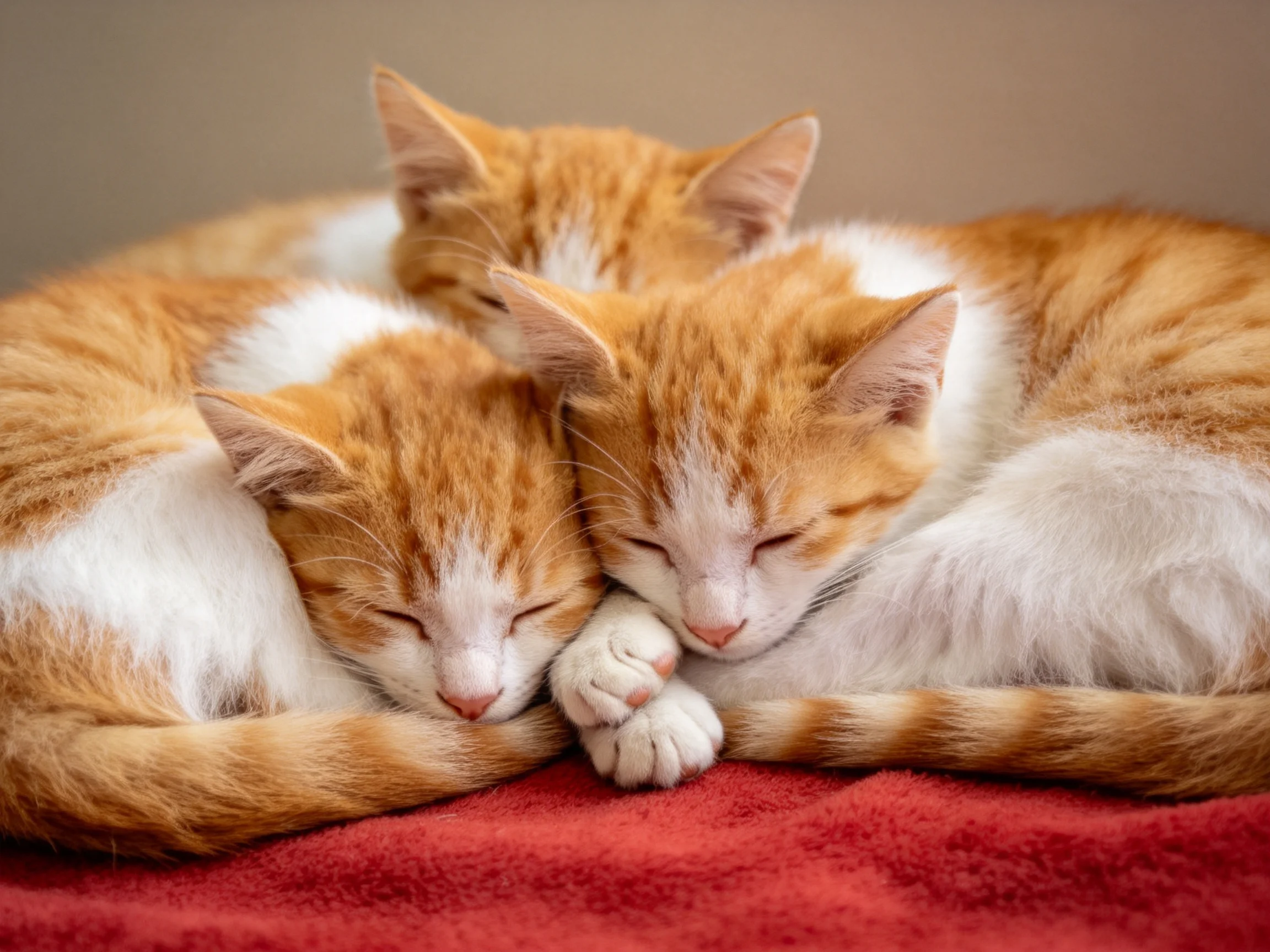 Three orange-and-white kittens cuddle together on a plush red blanket