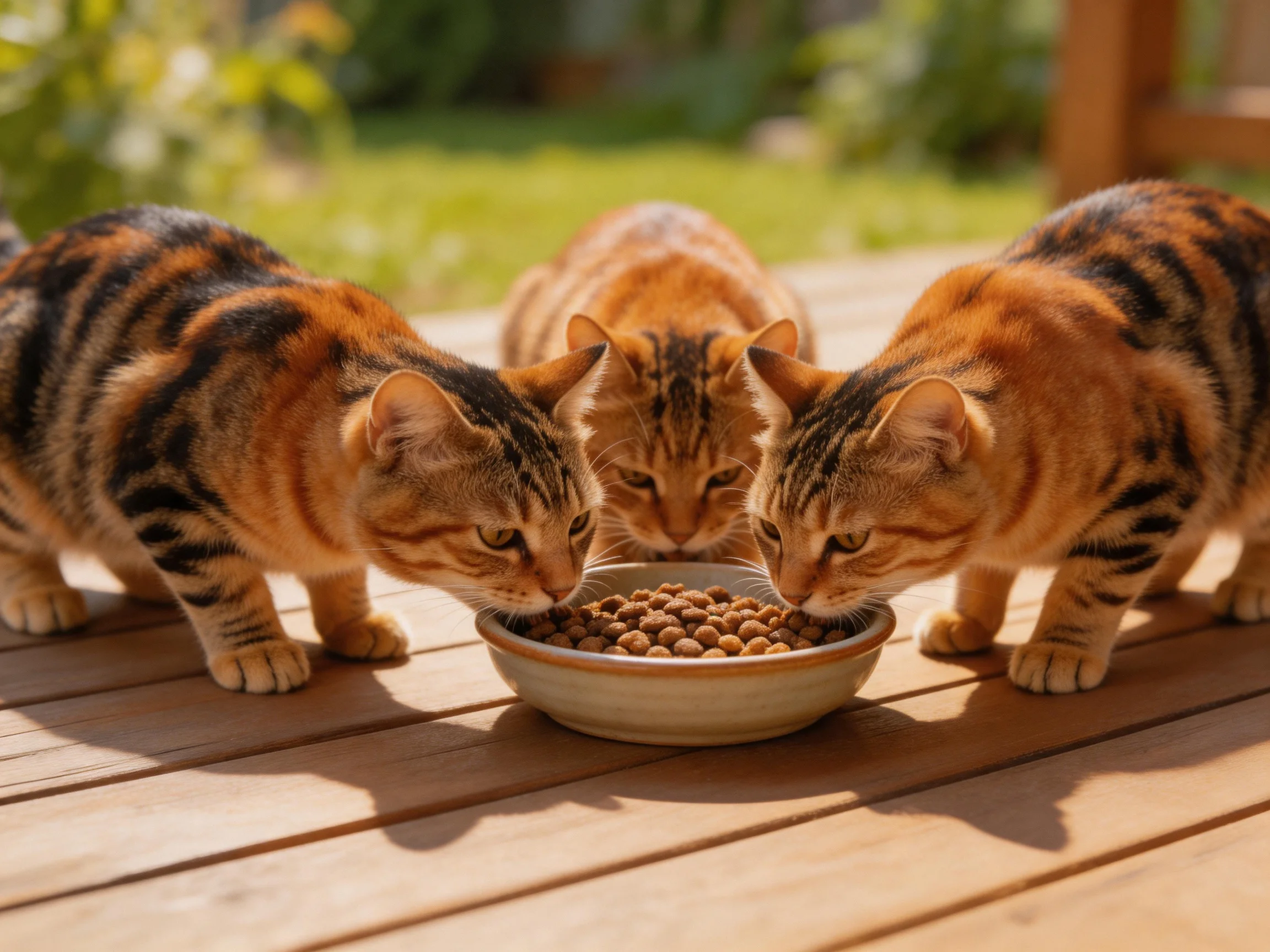 Three orange tabby cats eat from a shared bowl on a wooden deck