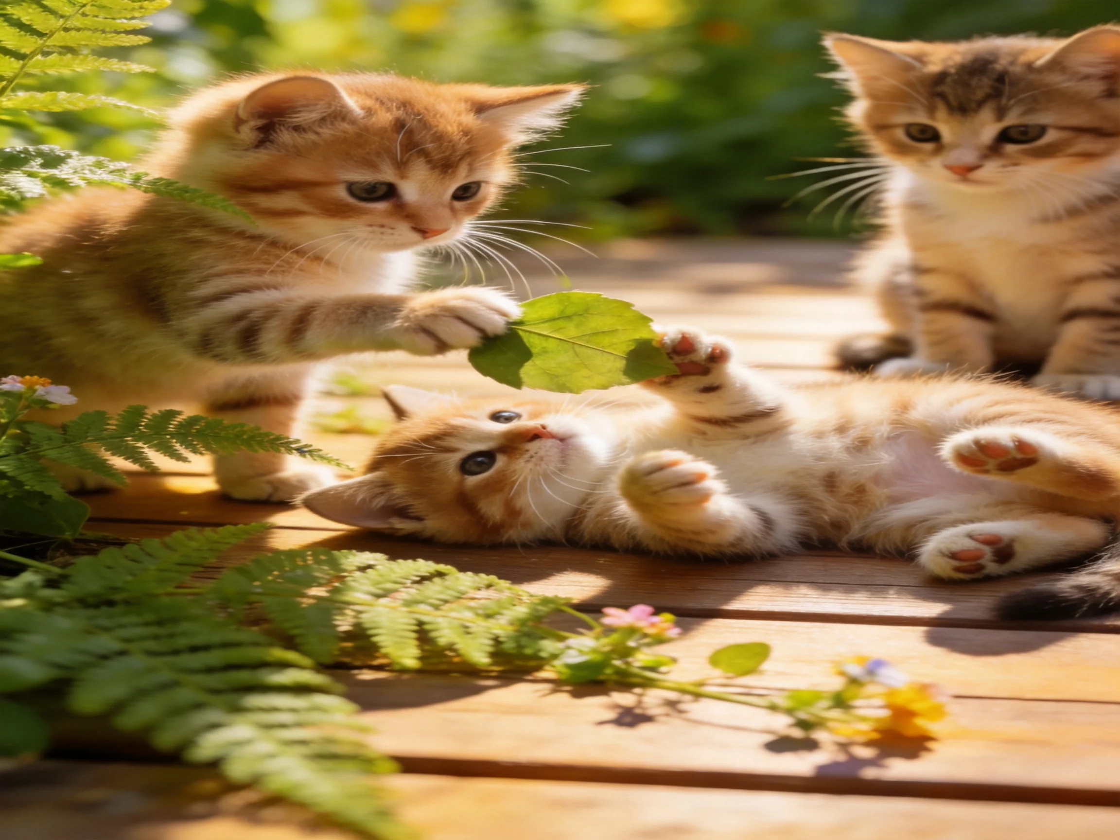 Three orange tabby kittens play with a leaf on a wooden deck